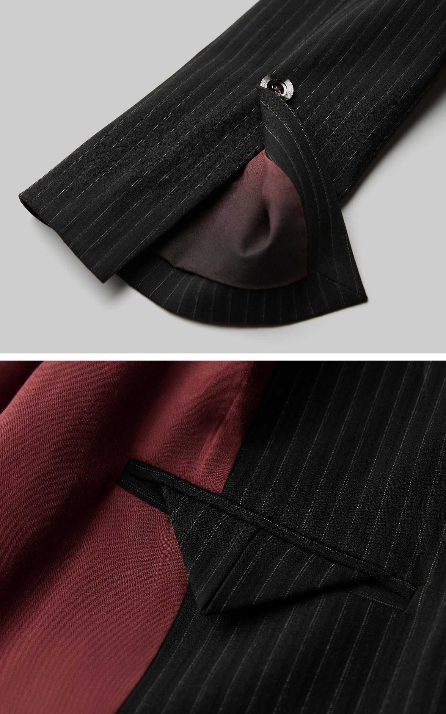 INDULGE Double Breasted Long Coat with Pinstripe and Contrast Lining