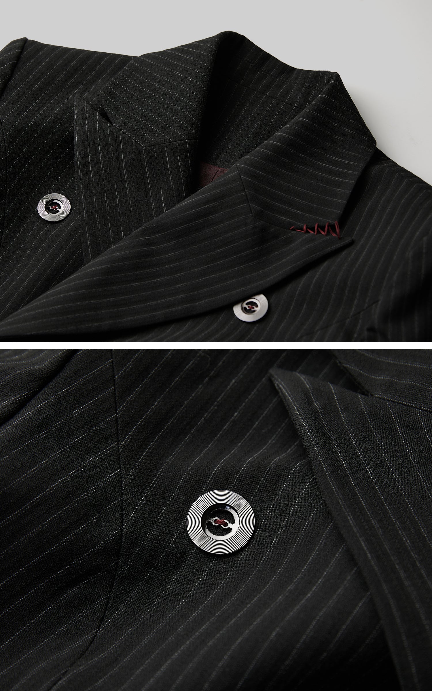 INDULGE Double Breasted Long Coat with Pinstripe and Contrast Lining
