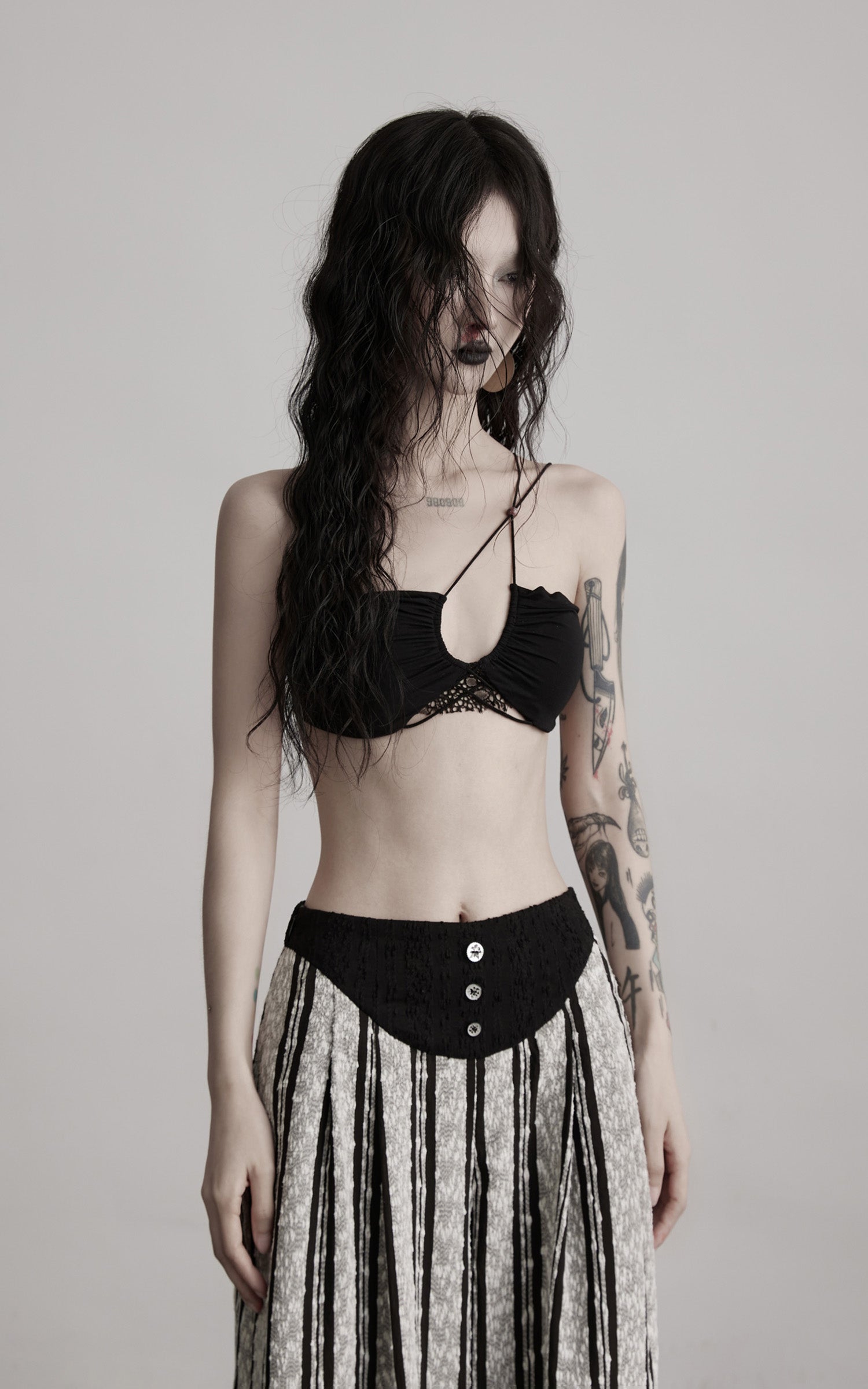 INDULGE Lace Strapless Crop Top with Beaded Halter Detail