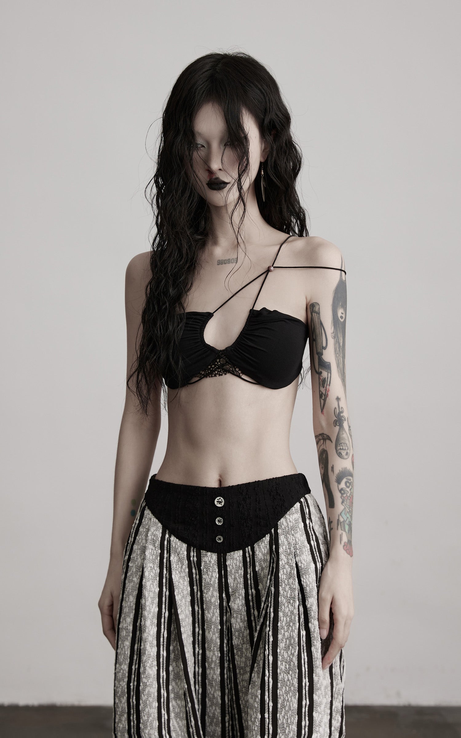 INDULGE Lace Strapless Crop Top with Beaded Halter Detail
