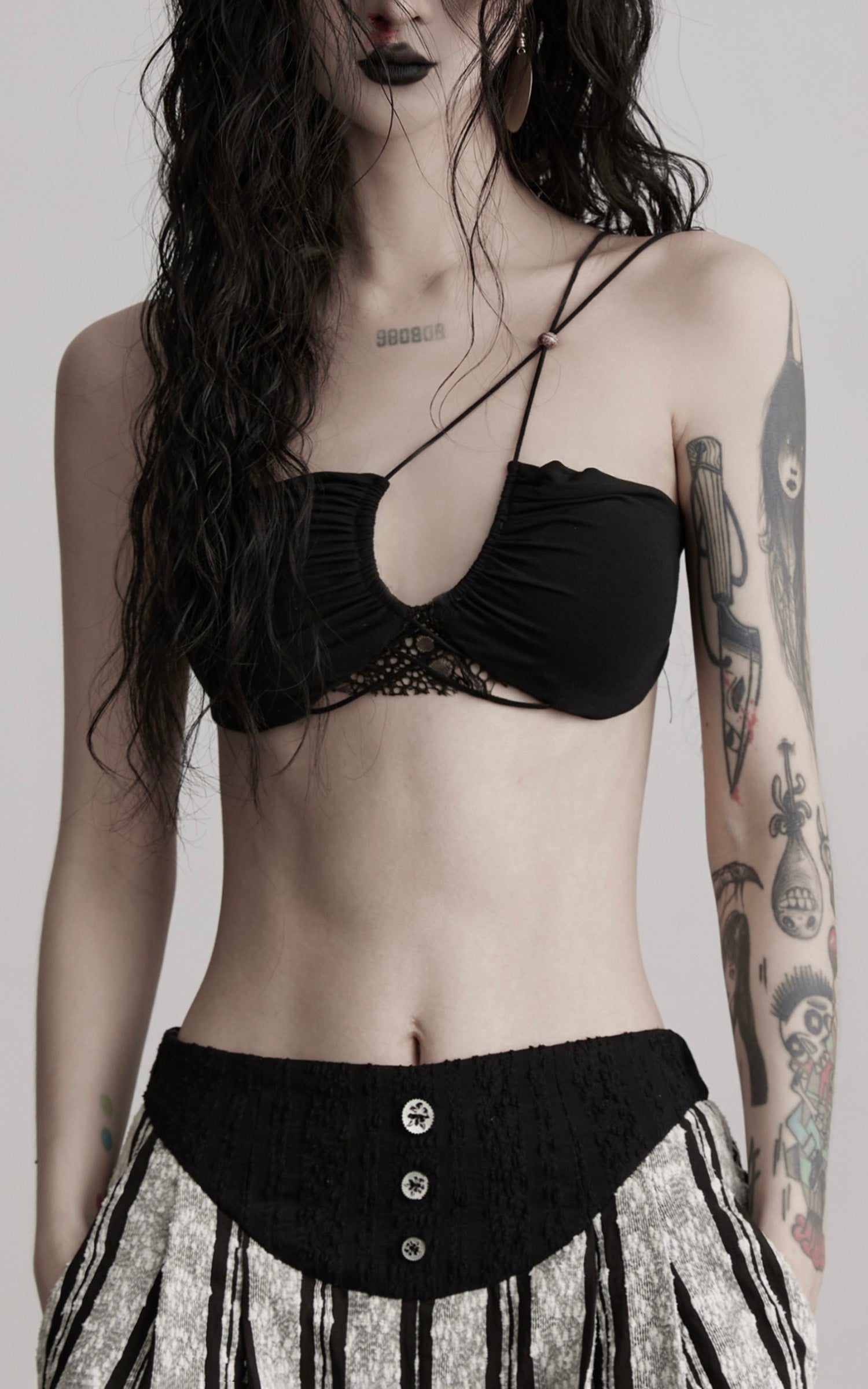 INDULGE Lace Strapless Crop Top with Beaded Halter Detail