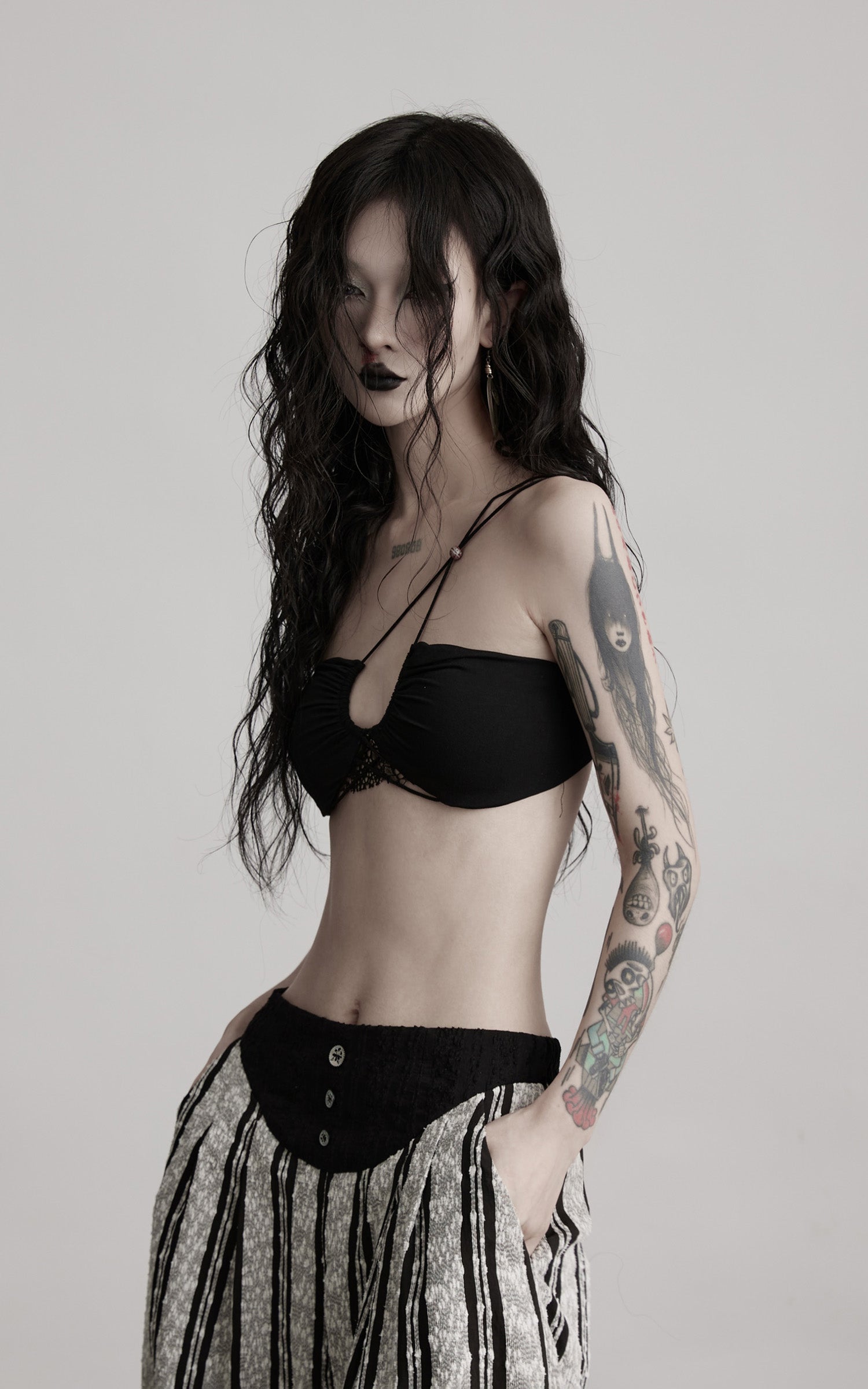 INDULGE Lace Strapless Crop Top with Beaded Halter Detail
