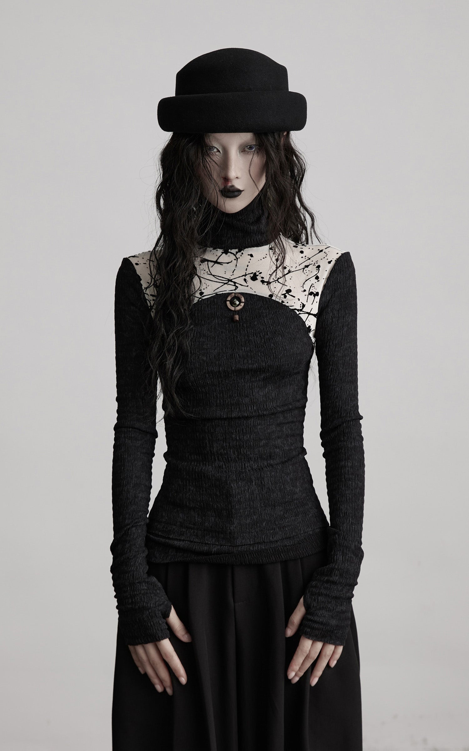 INDULGE Contrast Splatter Panel High Neck Long Sleeve T-Shirt