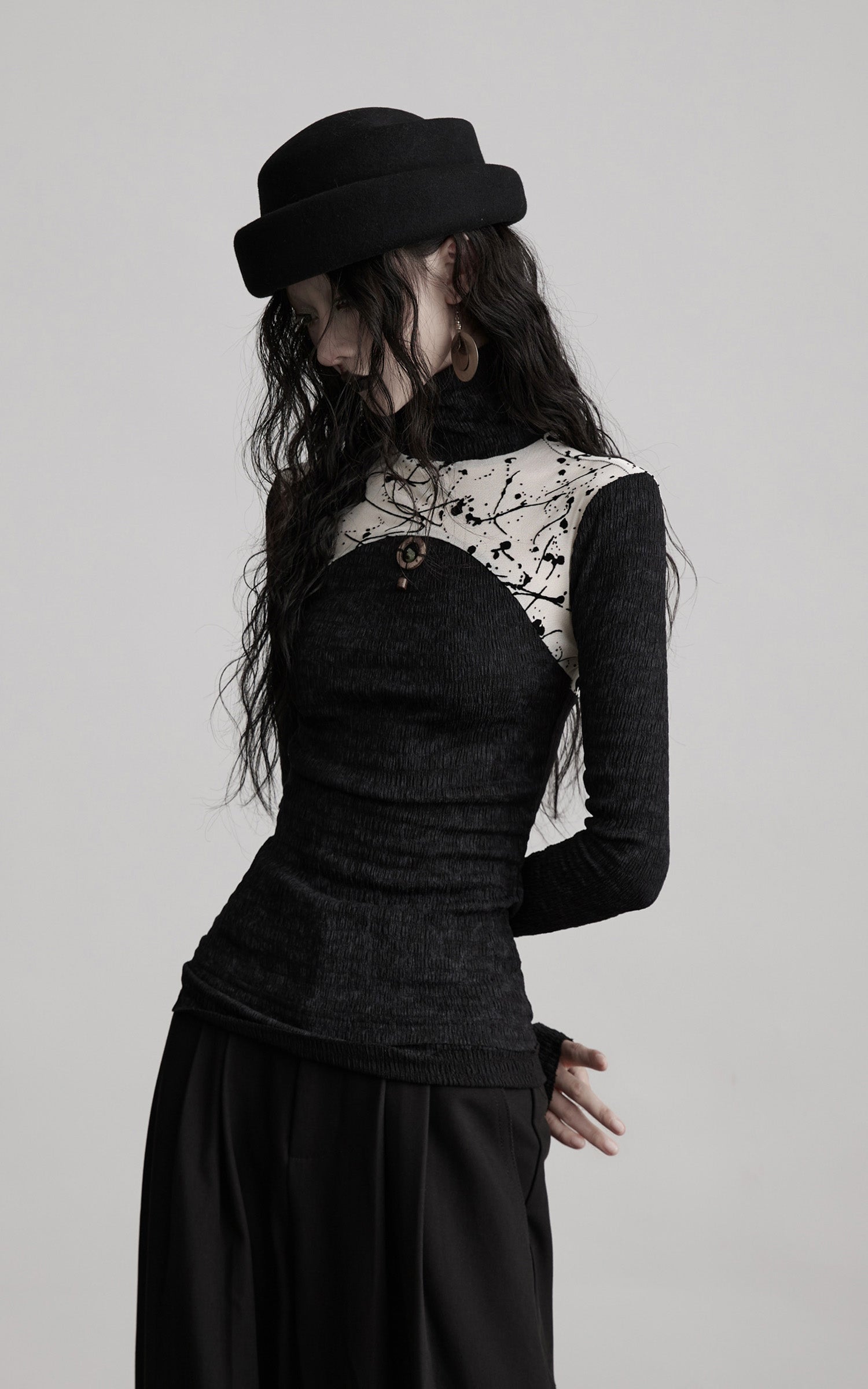 INDULGE Contrast Splatter Panel High Neck Long Sleeve T-Shirt