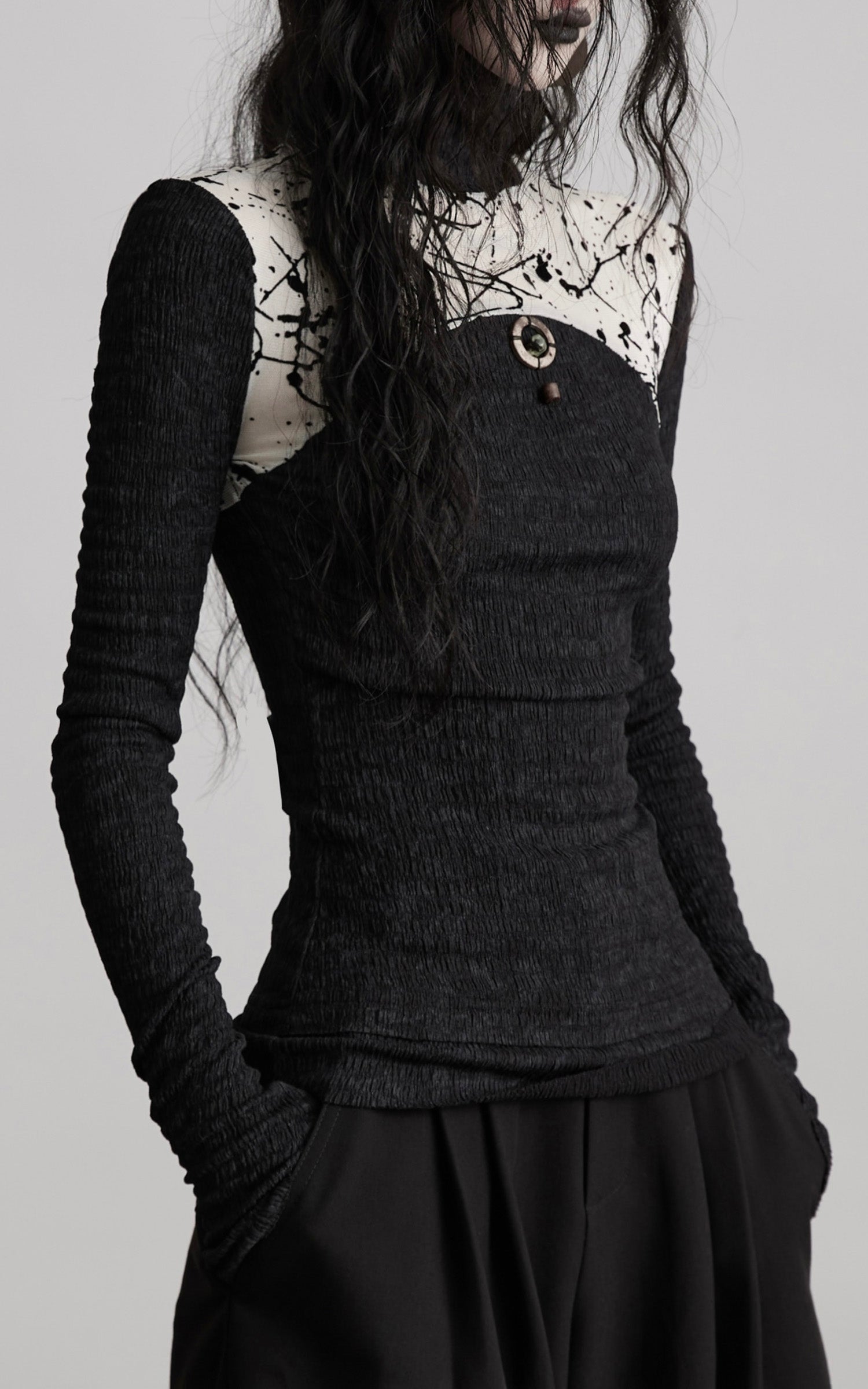 INDULGE Contrast Splatter Panel High Neck Long Sleeve T-Shirt