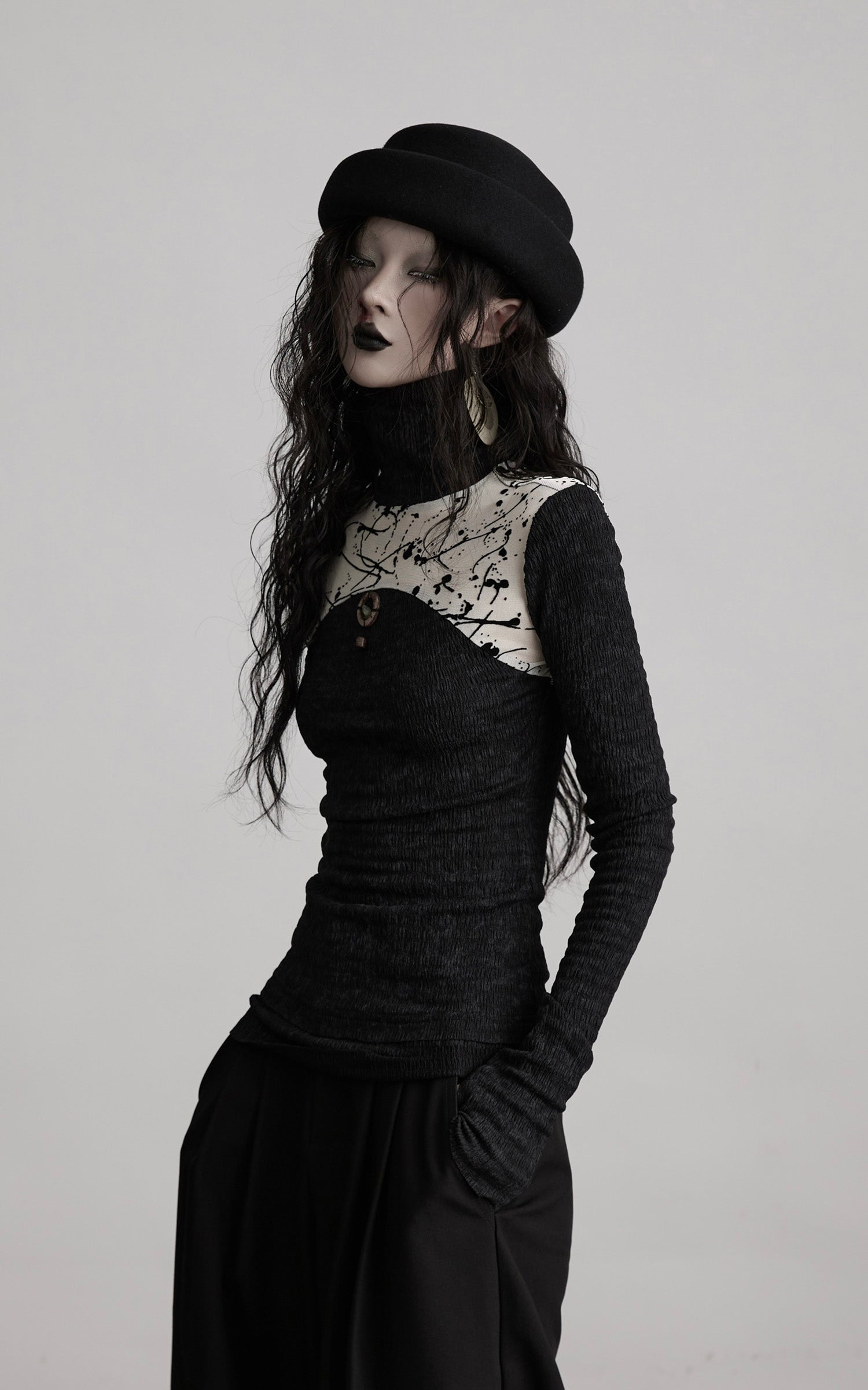 INDULGE Contrast Splatter Panel High Neck Long Sleeve T-Shirt