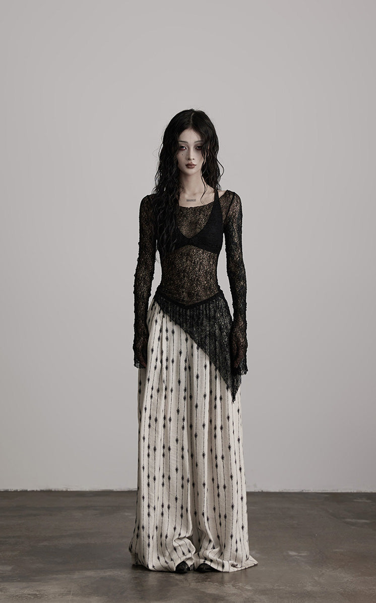 INDULGE Sheer Lace Long Sleeve Top with Asymmetric Hem