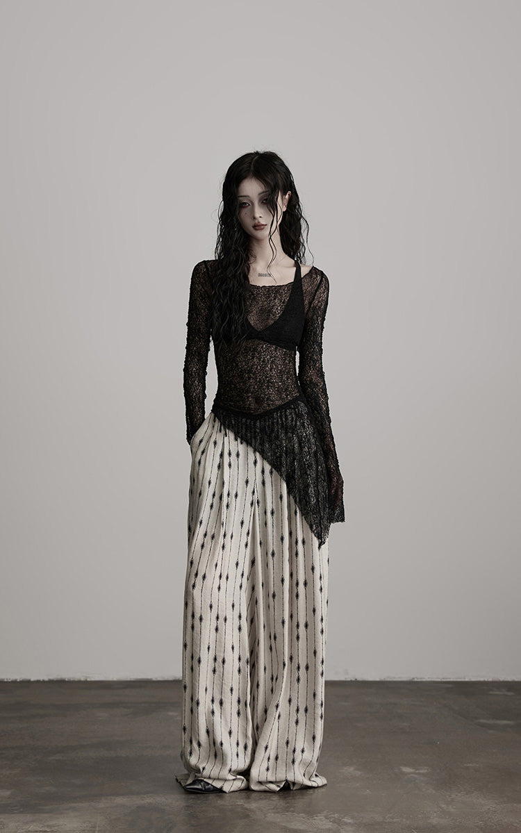 INDULGE Sheer Lace Long Sleeve Top with Asymmetric Hem
