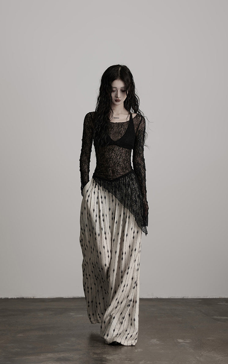 INDULGE Sheer Lace Long Sleeve Top with Asymmetric Hem