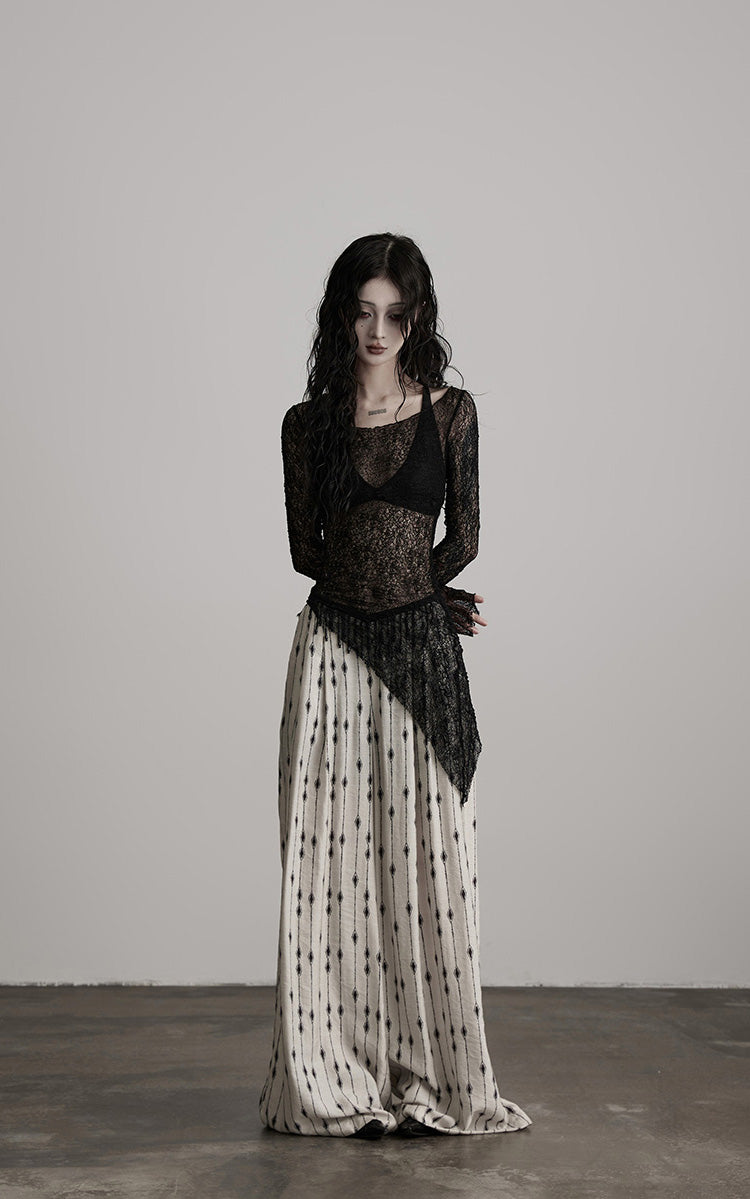 INDULGE Sheer Lace Long Sleeve Top with Asymmetric Hem