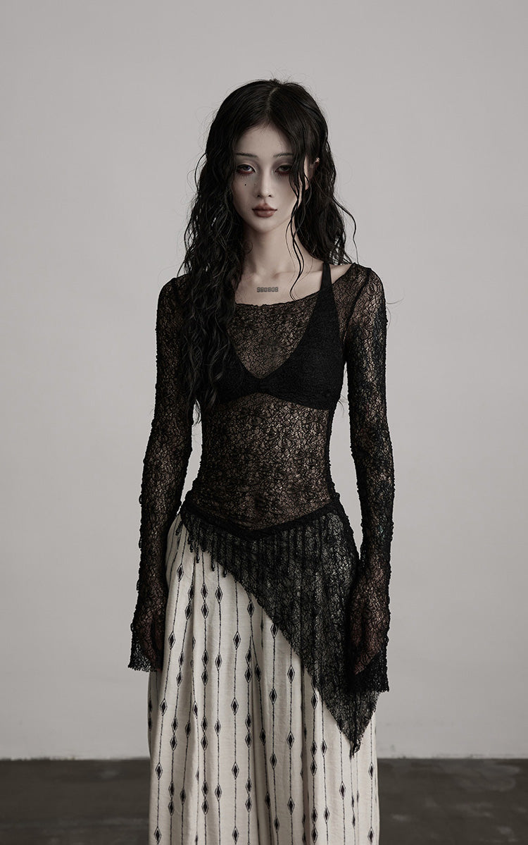INDULGE Sheer Lace Long Sleeve Top with Asymmetric Hem