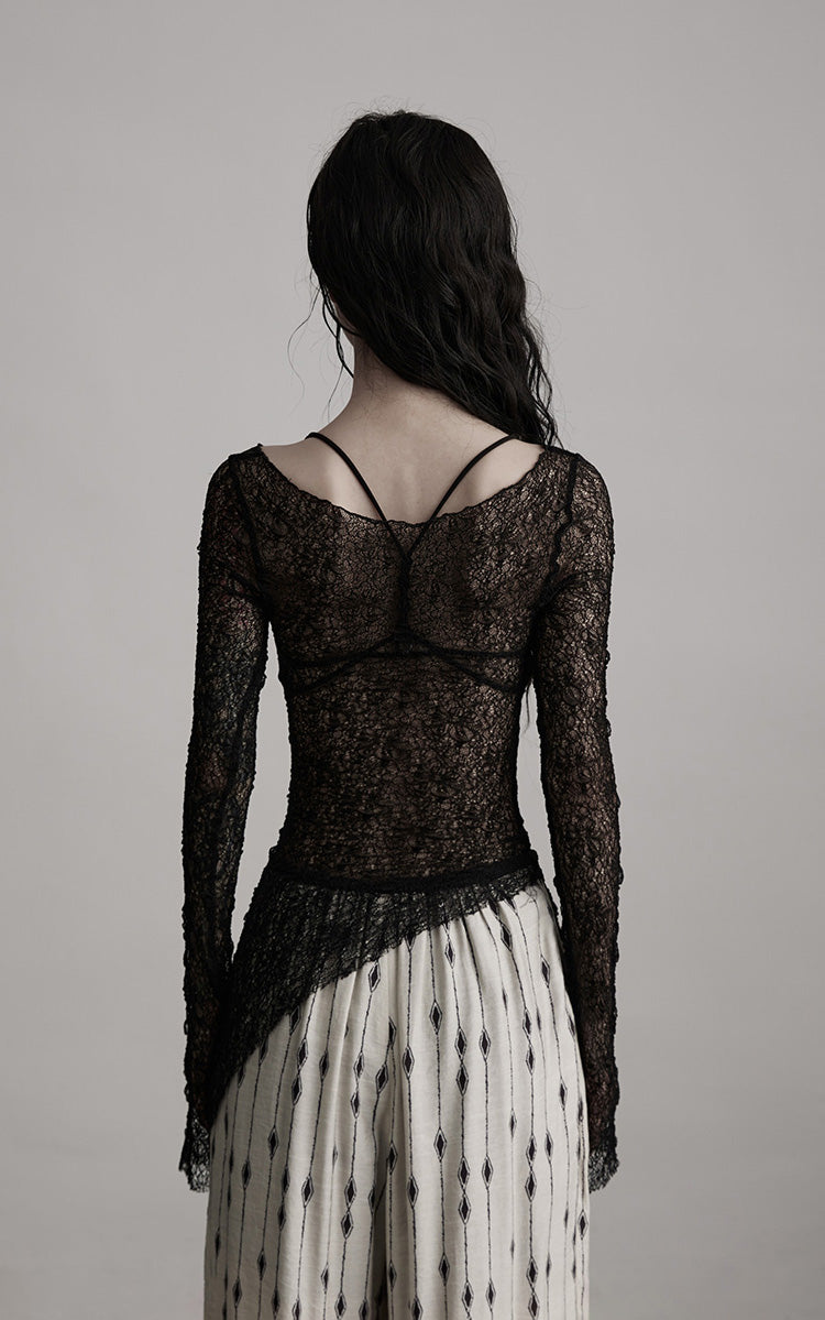 INDULGE Sheer Lace Long Sleeve Top with Asymmetric Hem
