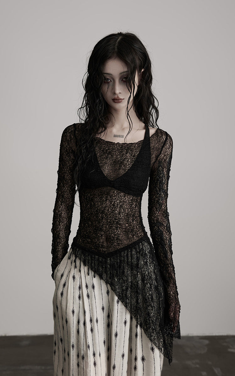 INDULGE Sheer Lace Long Sleeve Top with Asymmetric Hem