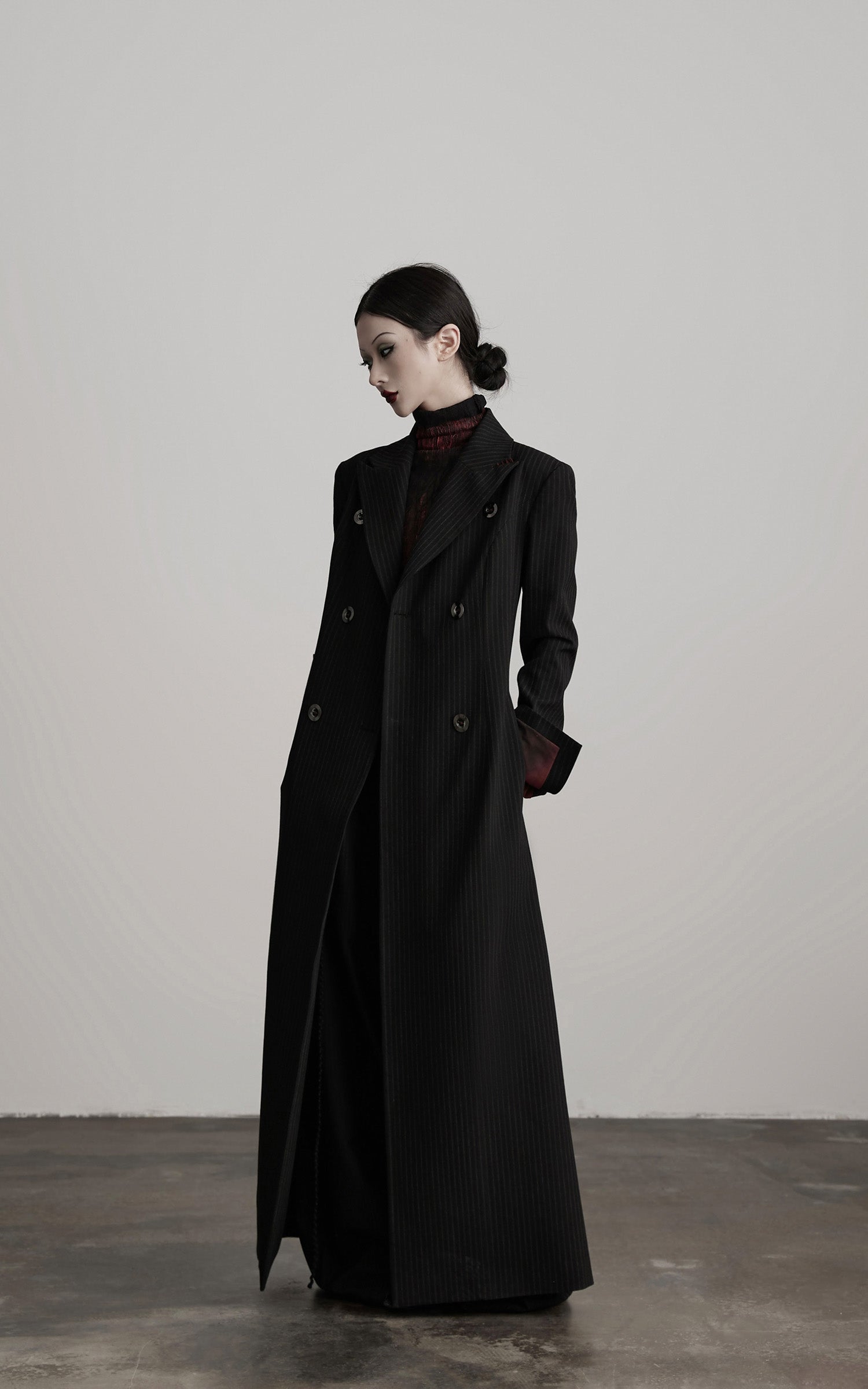 INDULGE Double Breasted Long Coat with Pinstripe and Contrast Lining