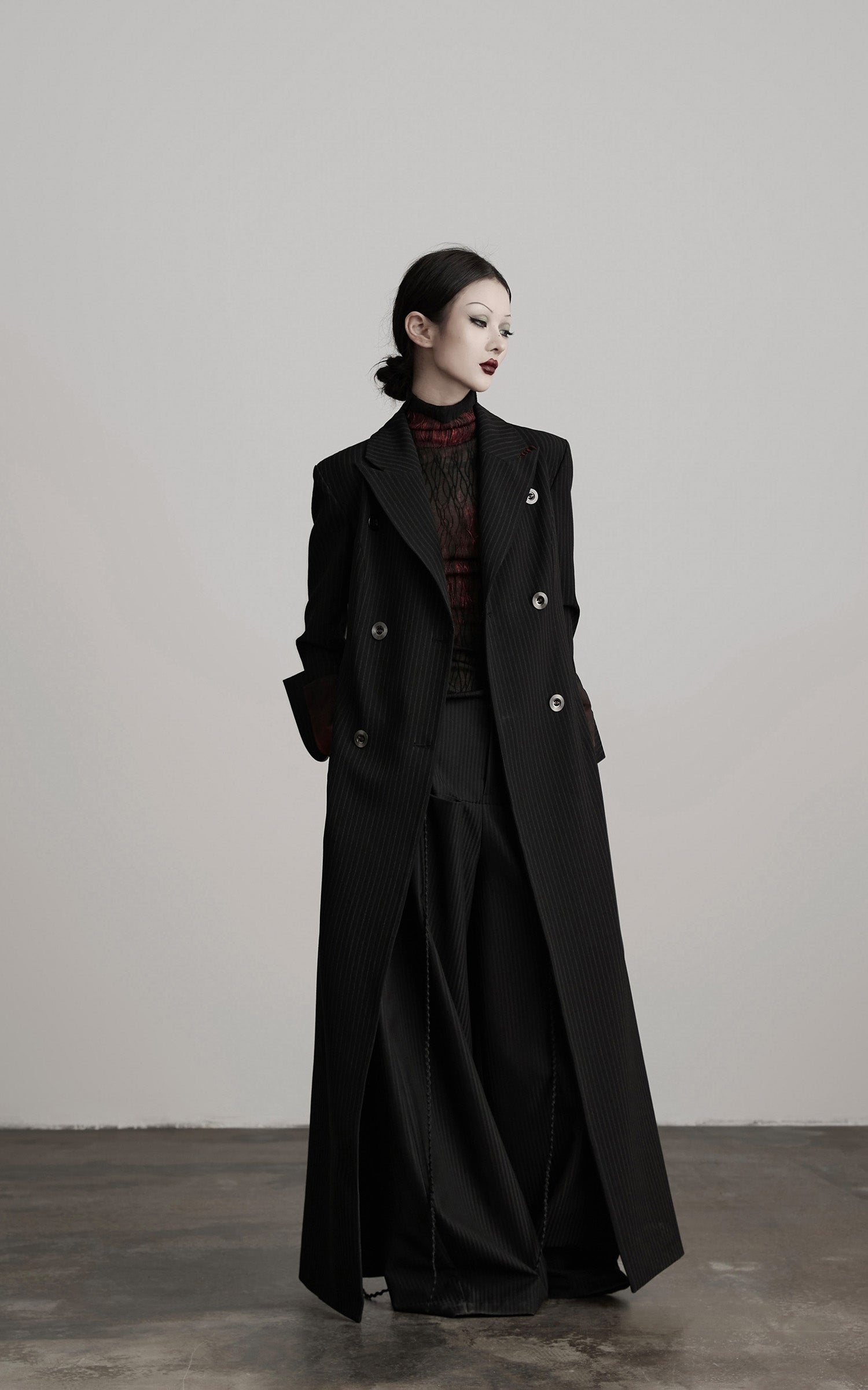 INDULGE Double Breasted Long Coat with Pinstripe and Contrast Lining