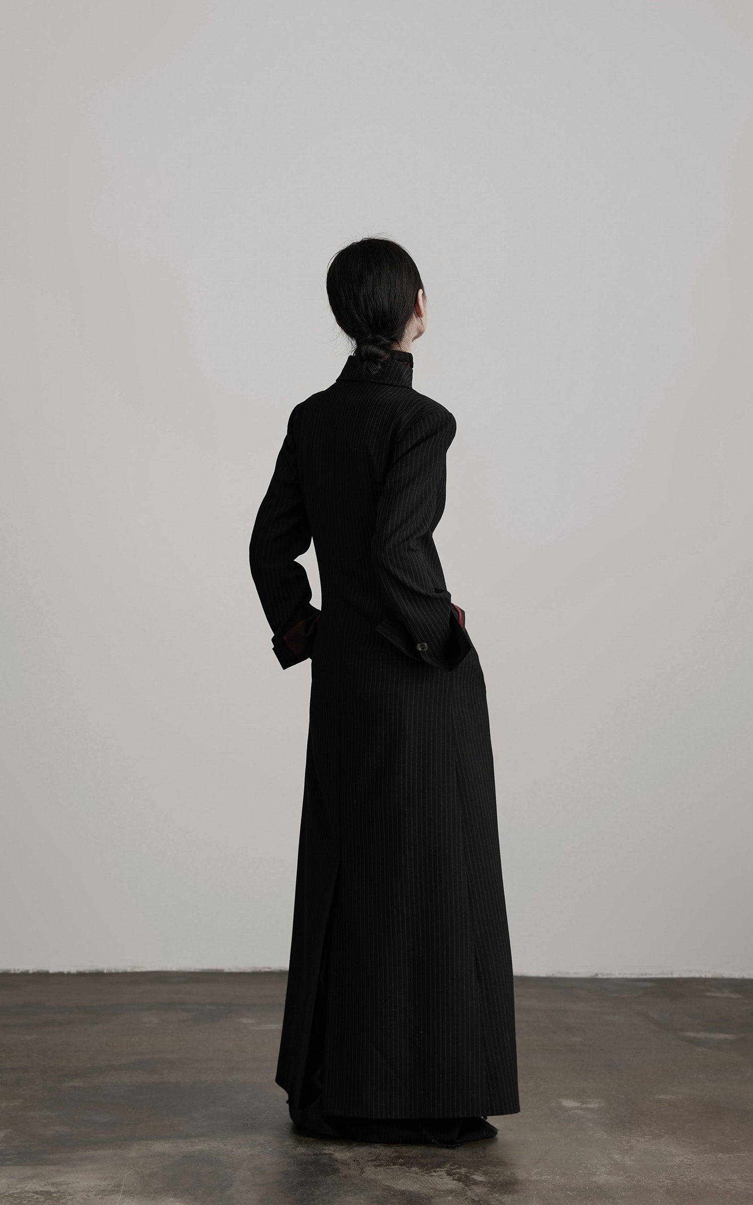 INDULGE Double Breasted Long Coat with Pinstripe and Contrast Lining