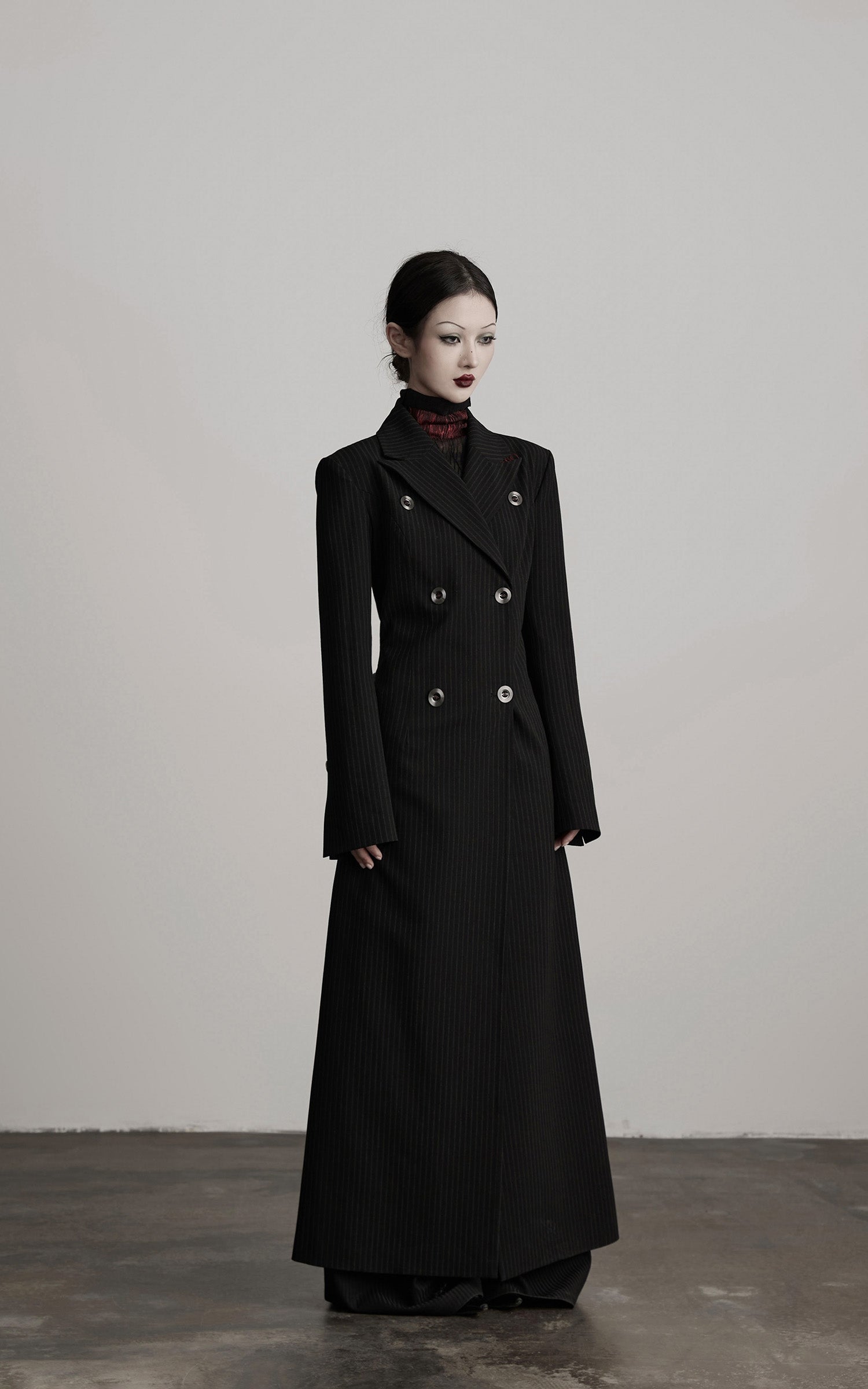 INDULGE Double Breasted Long Coat with Pinstripe and Contrast Lining