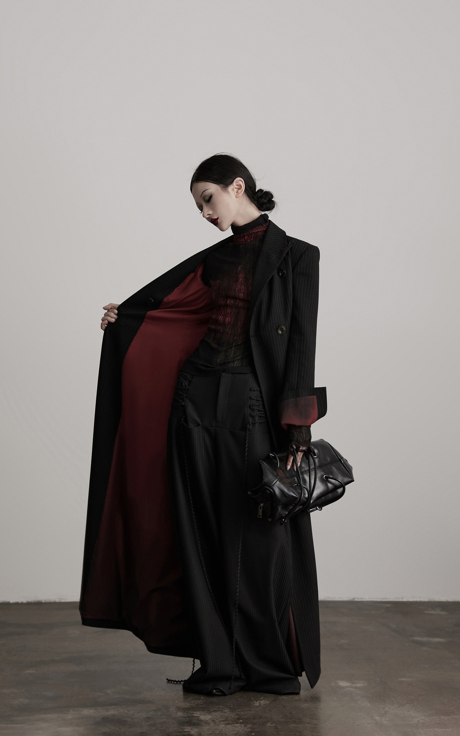 INDULGE Double Breasted Long Coat with Pinstripe and Contrast Lining