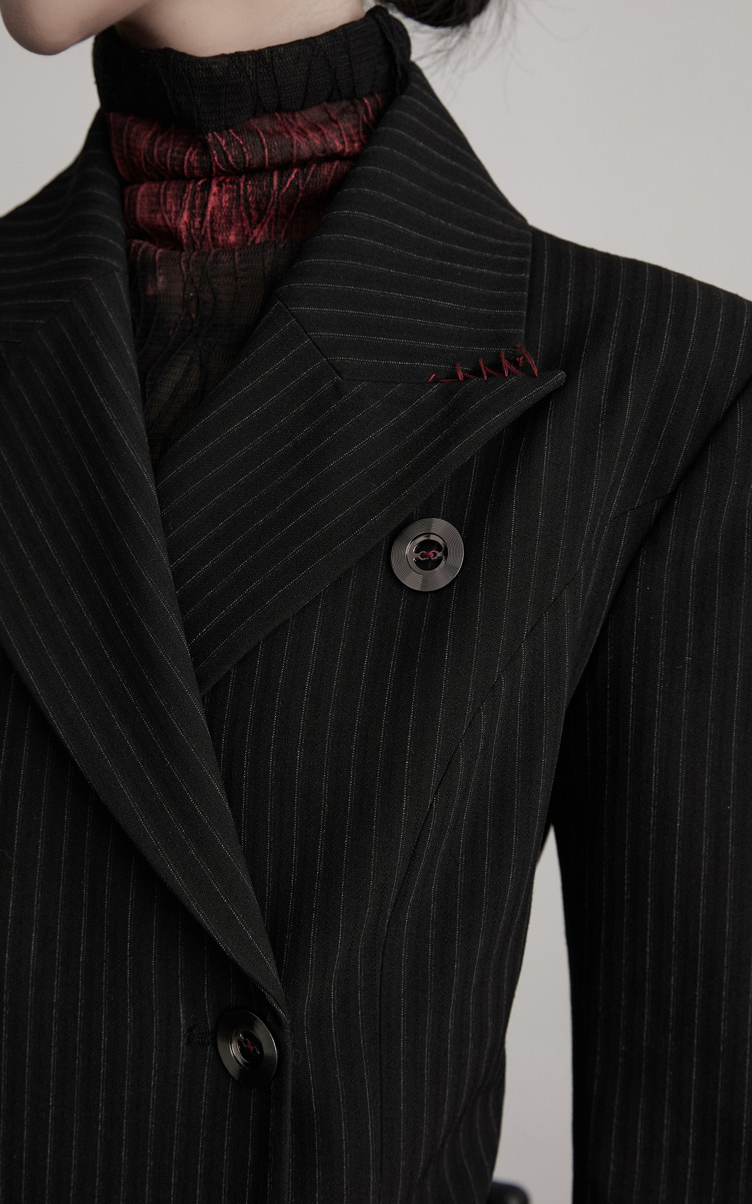 INDULGE Double Breasted Long Coat with Pinstripe and Contrast Lining