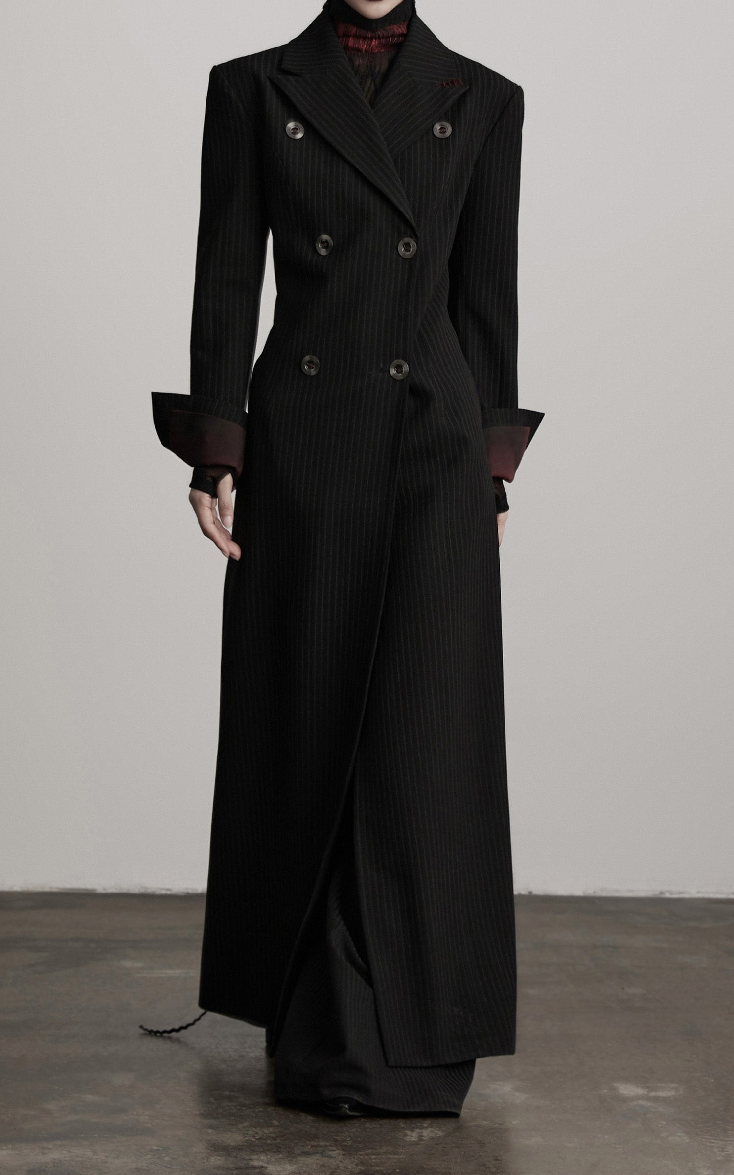 INDULGE Double Breasted Long Coat with Pinstripe and Contrast Lining