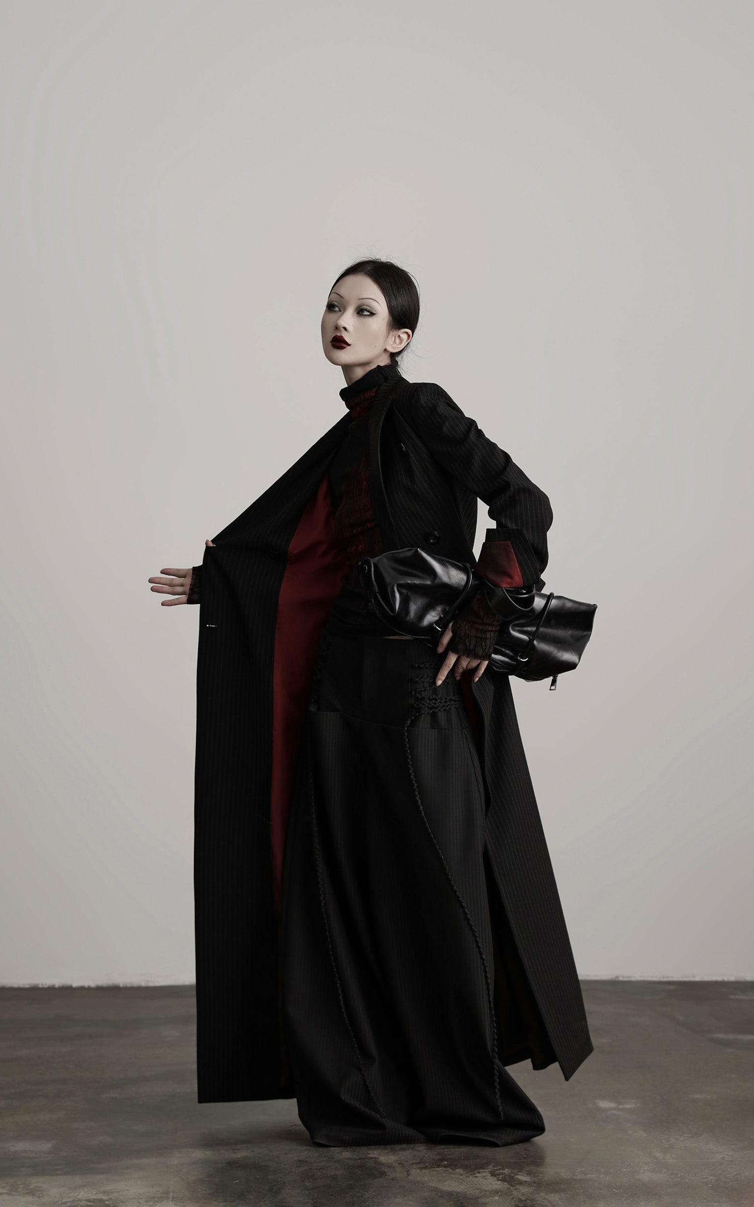 INDULGE Double Breasted Long Coat with Pinstripe and Contrast Lining