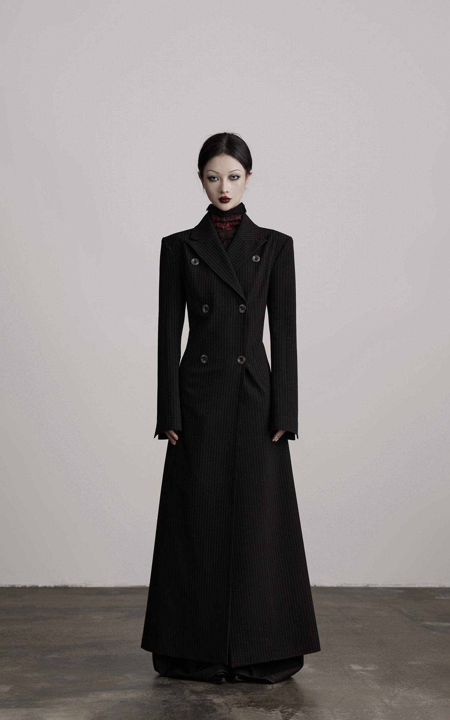 INDULGE Double Breasted Long Coat with Pinstripe and Contrast Lining