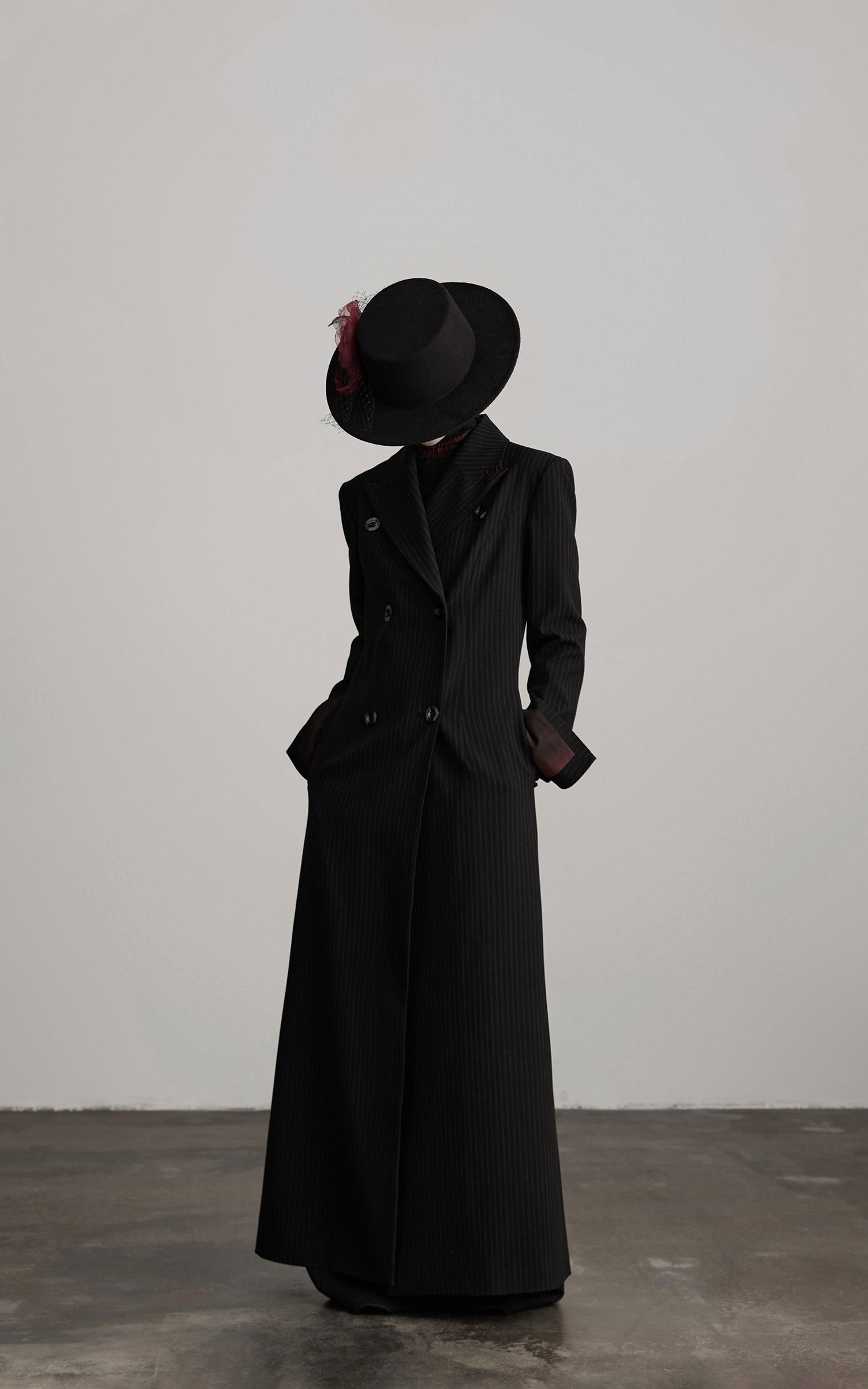 INDULGE Double Breasted Long Coat with Pinstripe and Contrast Lining