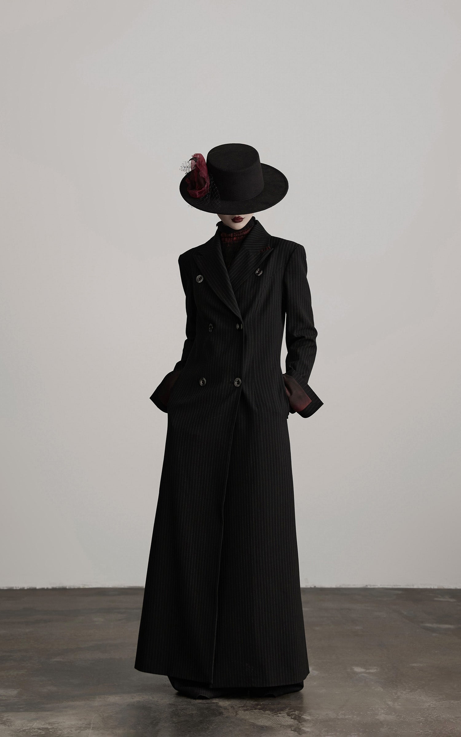 INDULGE Double Breasted Long Coat with Pinstripe and Contrast Lining