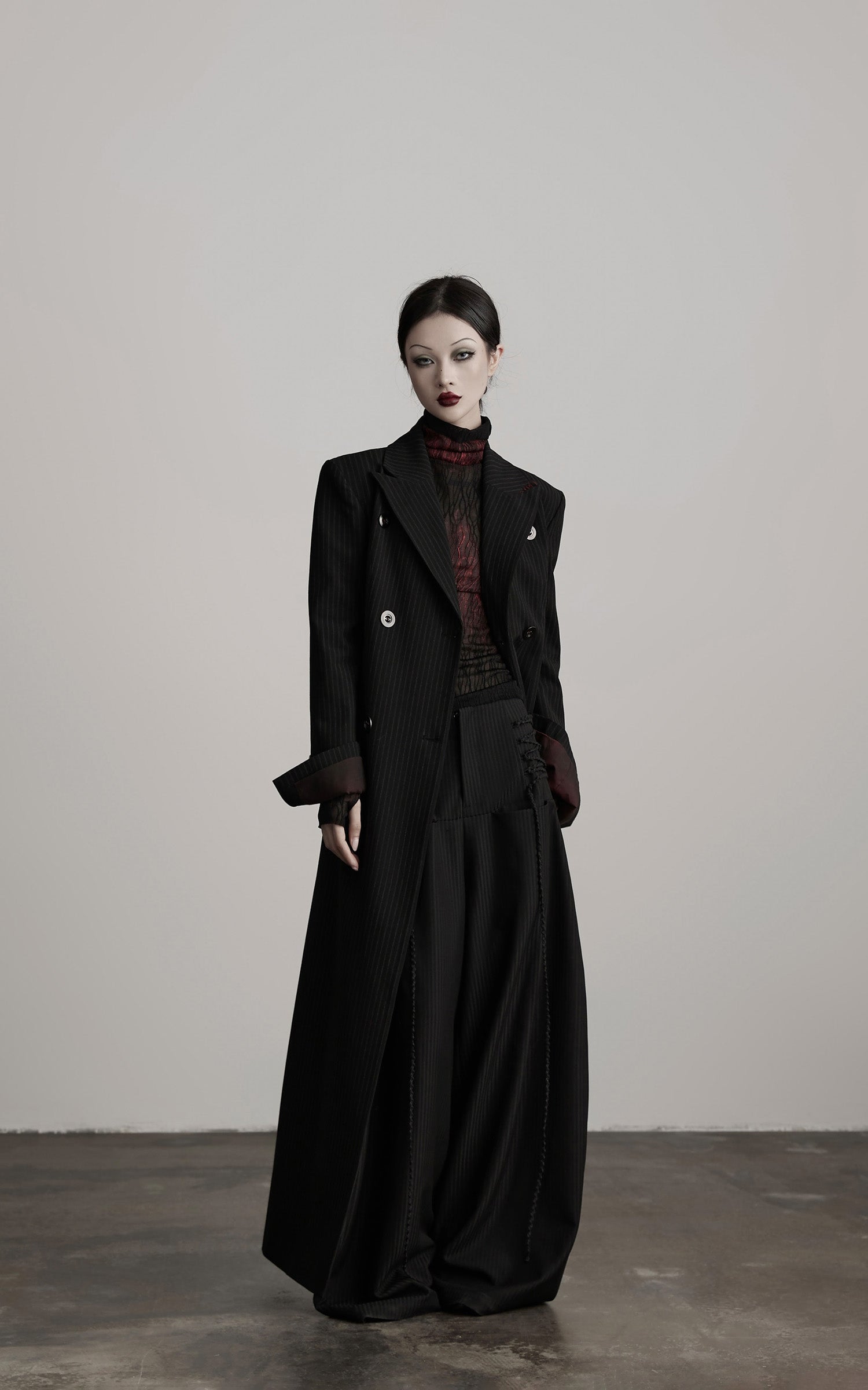 INDULGE Double Breasted Long Coat with Pinstripe and Contrast Lining