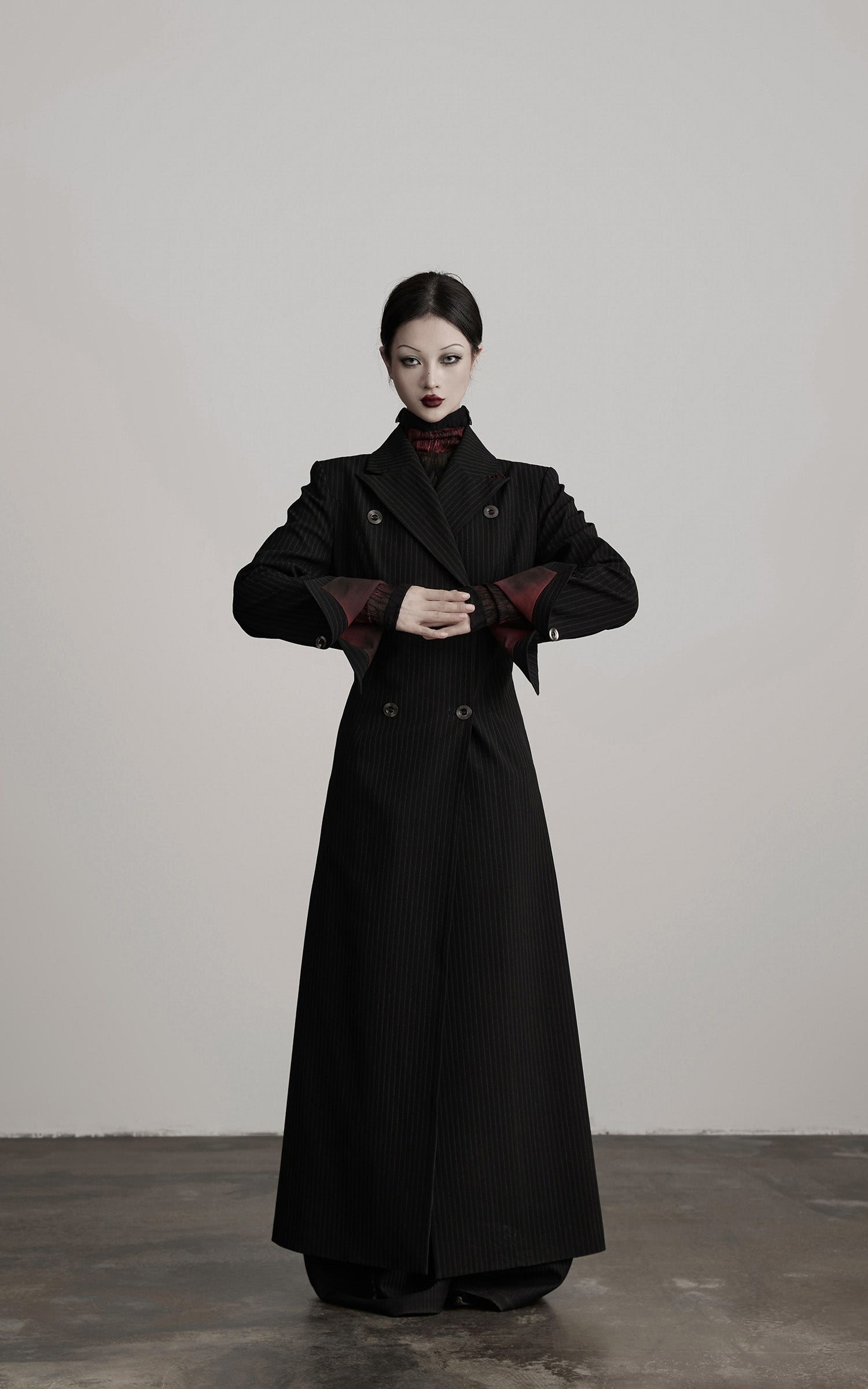 INDULGE Double Breasted Long Coat with Pinstripe and Contrast Lining