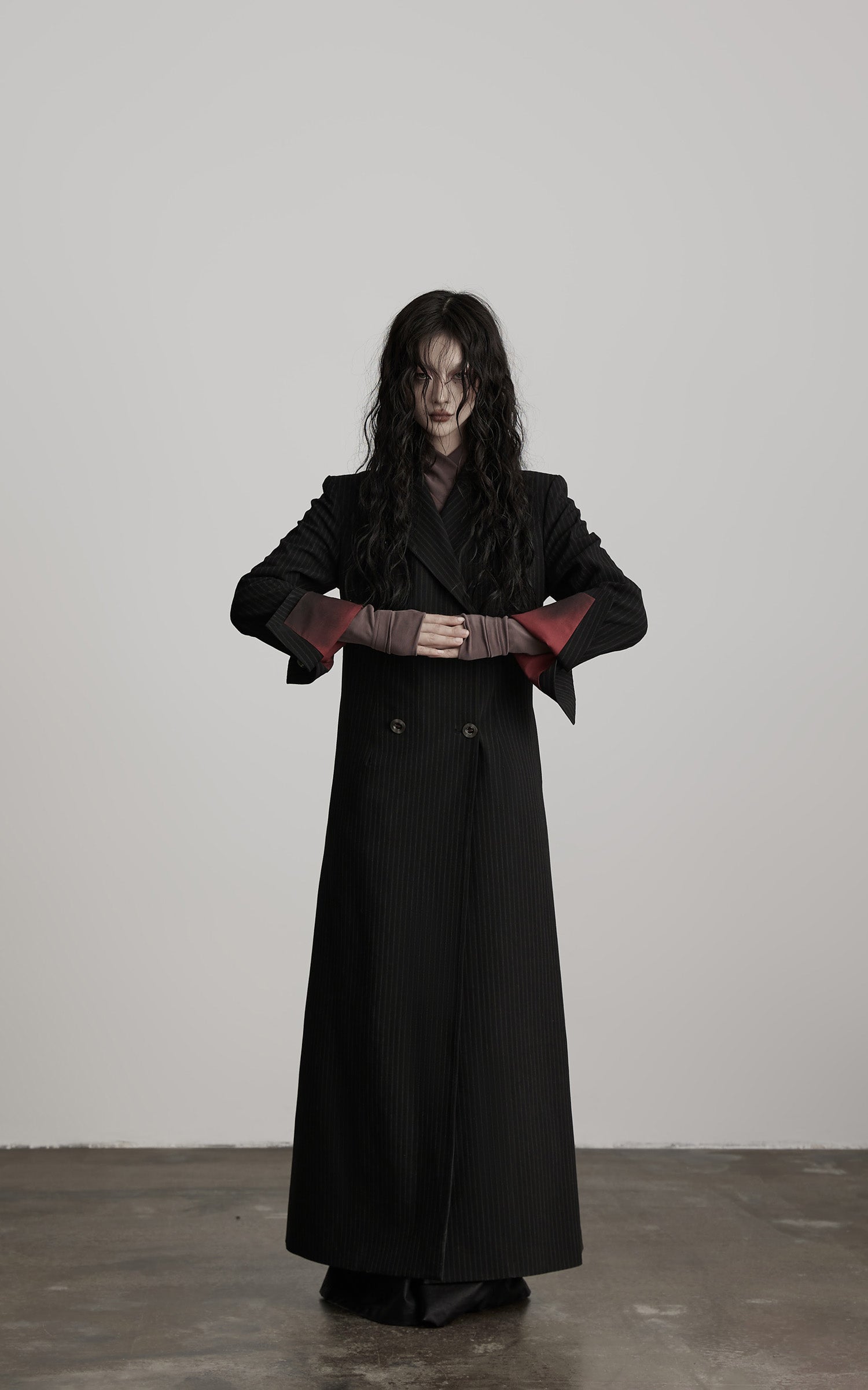INDULGE Double Breasted Long Coat with Pinstripe and Contrast Lining