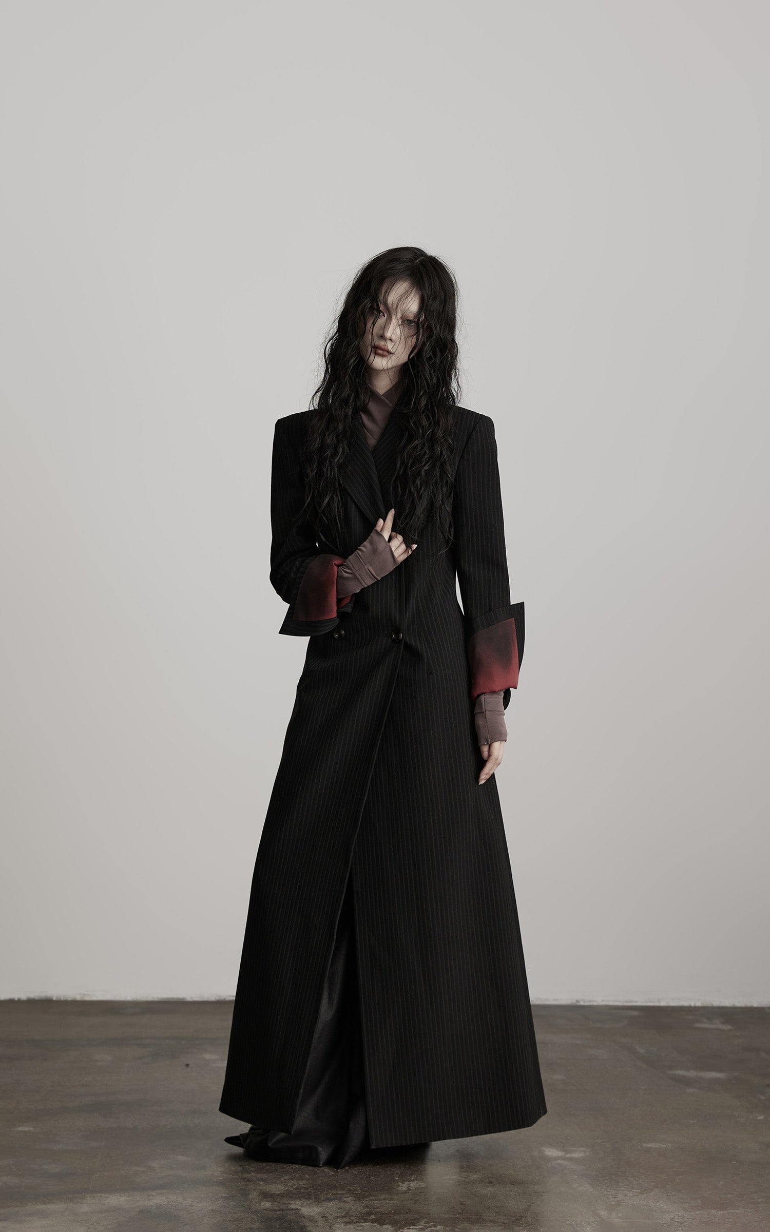 INDULGE Double Breasted Long Coat with Pinstripe and Contrast Lining