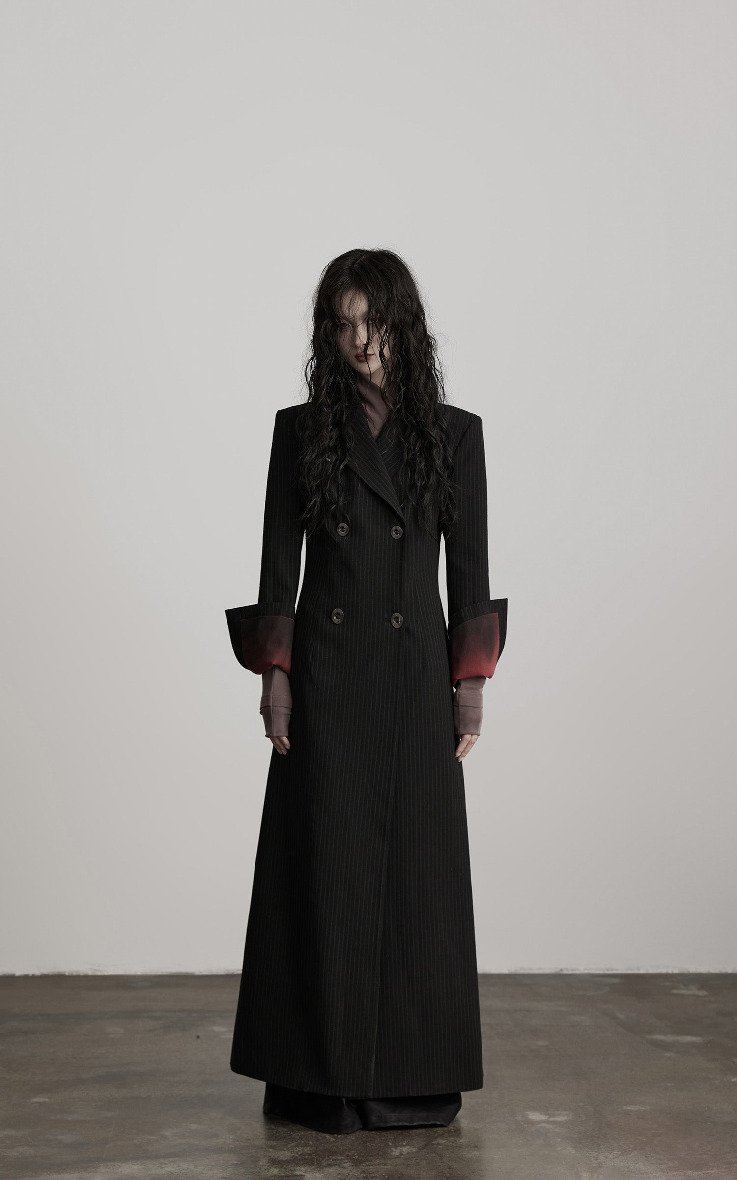 INDULGE Double Breasted Long Coat with Pinstripe and Contrast Lining