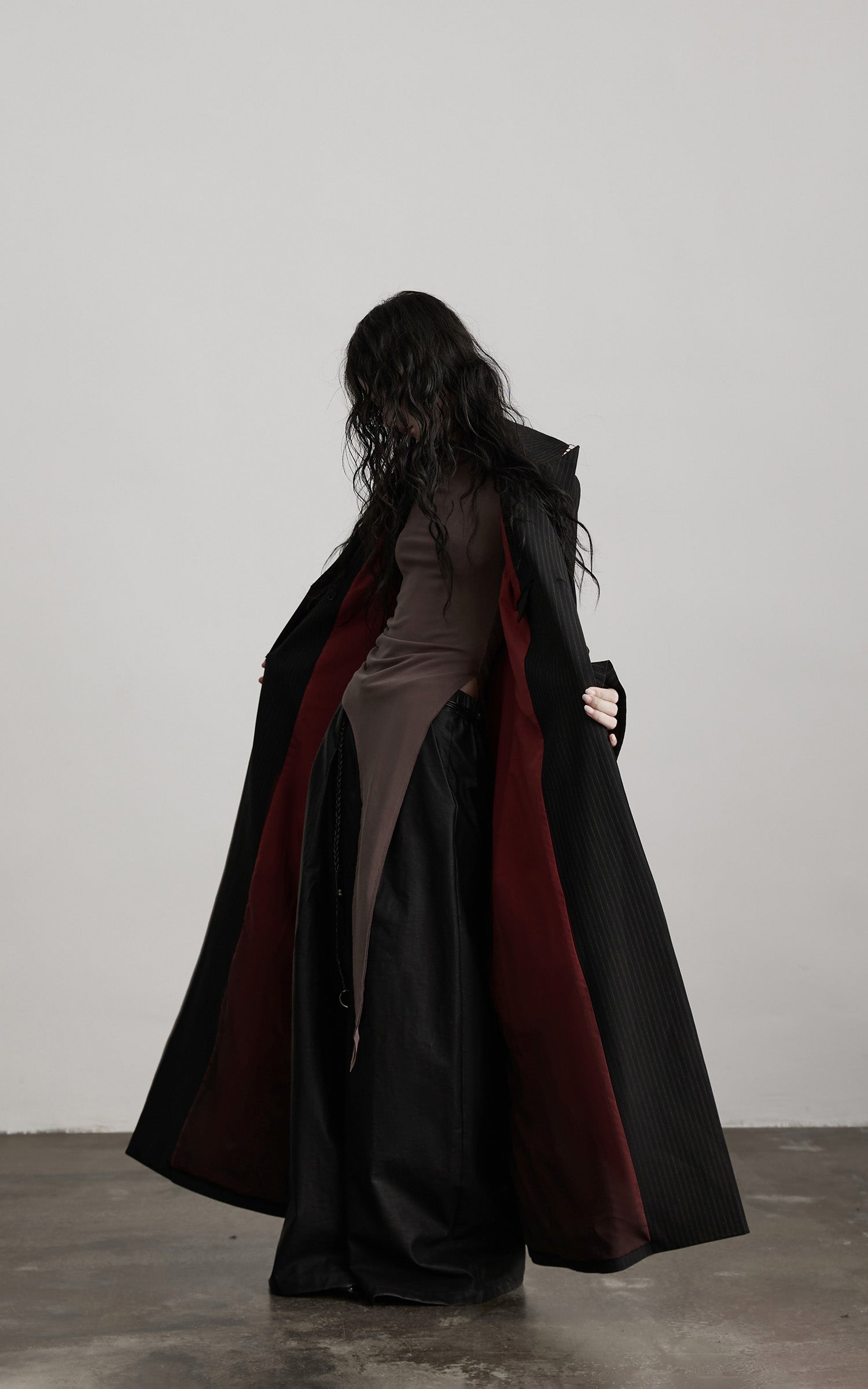 INDULGE Double Breasted Long Coat with Pinstripe and Contrast Lining