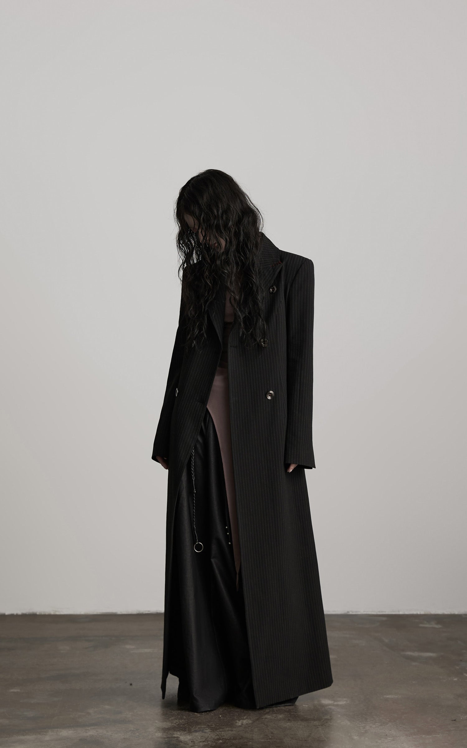 INDULGE Double Breasted Long Coat with Pinstripe and Contrast Lining
