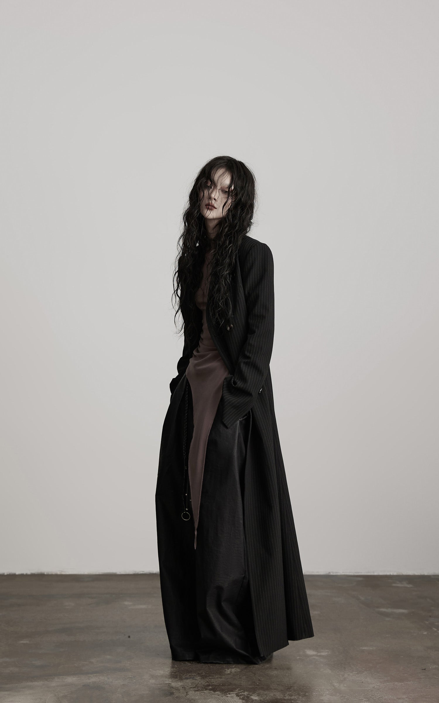 INDULGE Double Breasted Long Coat with Pinstripe and Contrast Lining