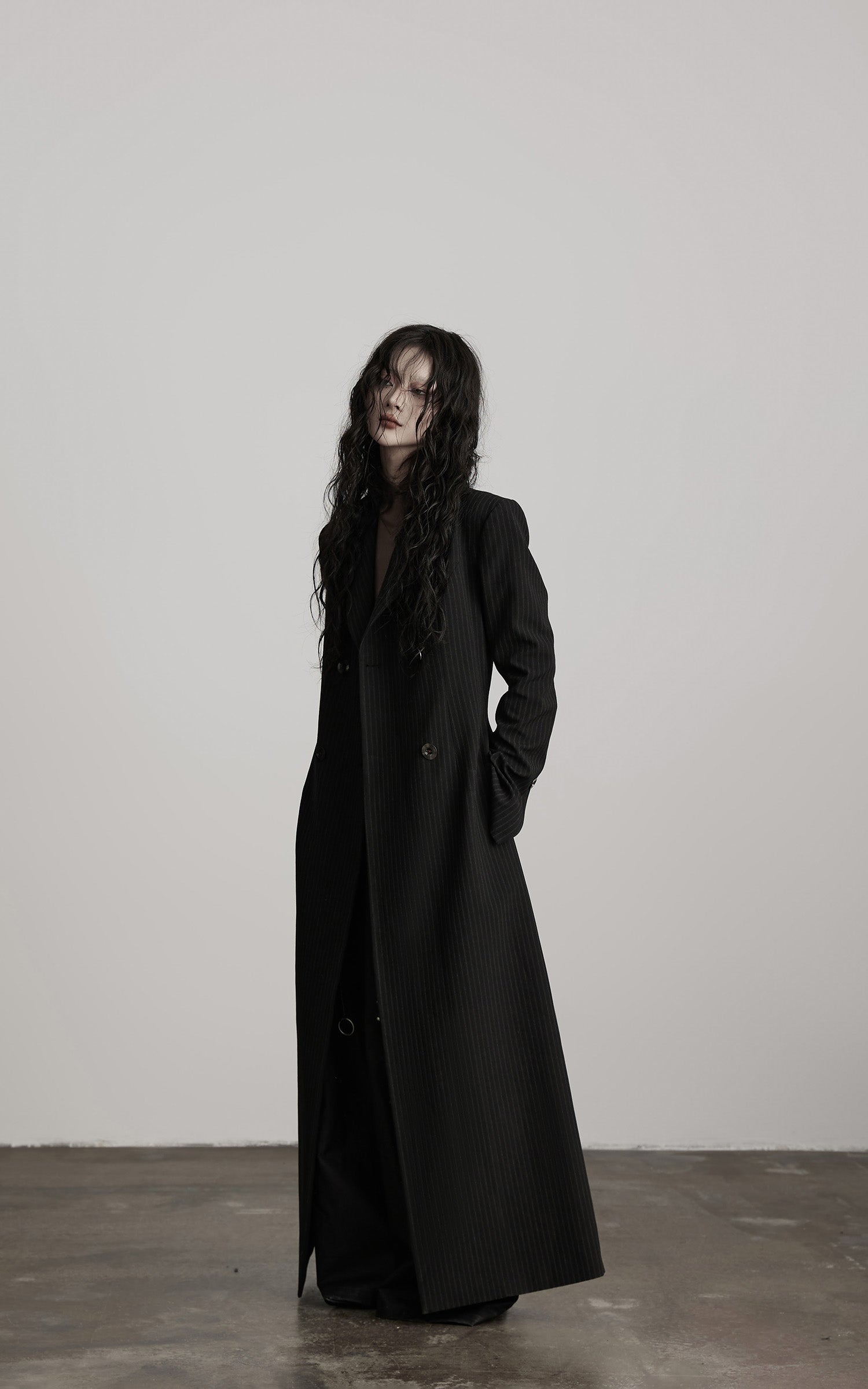 INDULGE Double Breasted Long Coat with Pinstripe and Contrast Lining