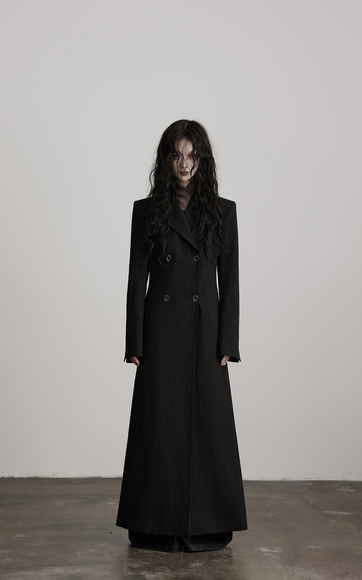 INDULGE Double Breasted Long Coat with Pinstripe and Contrast Lining