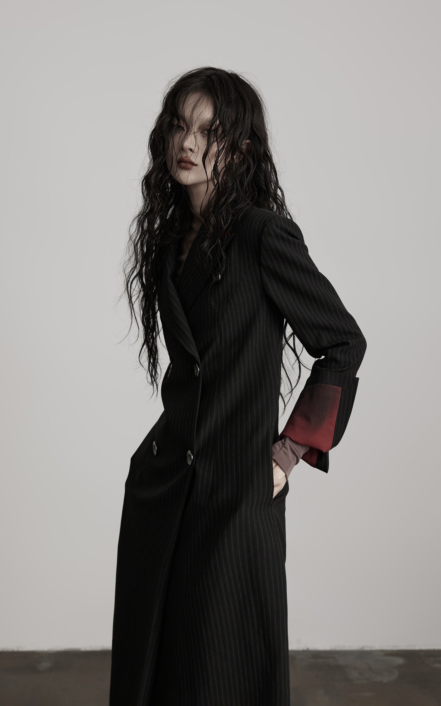 INDULGE Double Breasted Long Coat with Pinstripe and Contrast Lining