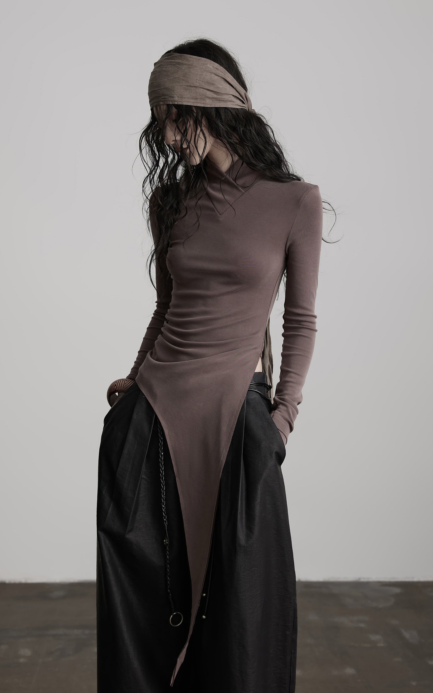 INDULGE Asymmetric Long Sleeve Top with Draped Hem