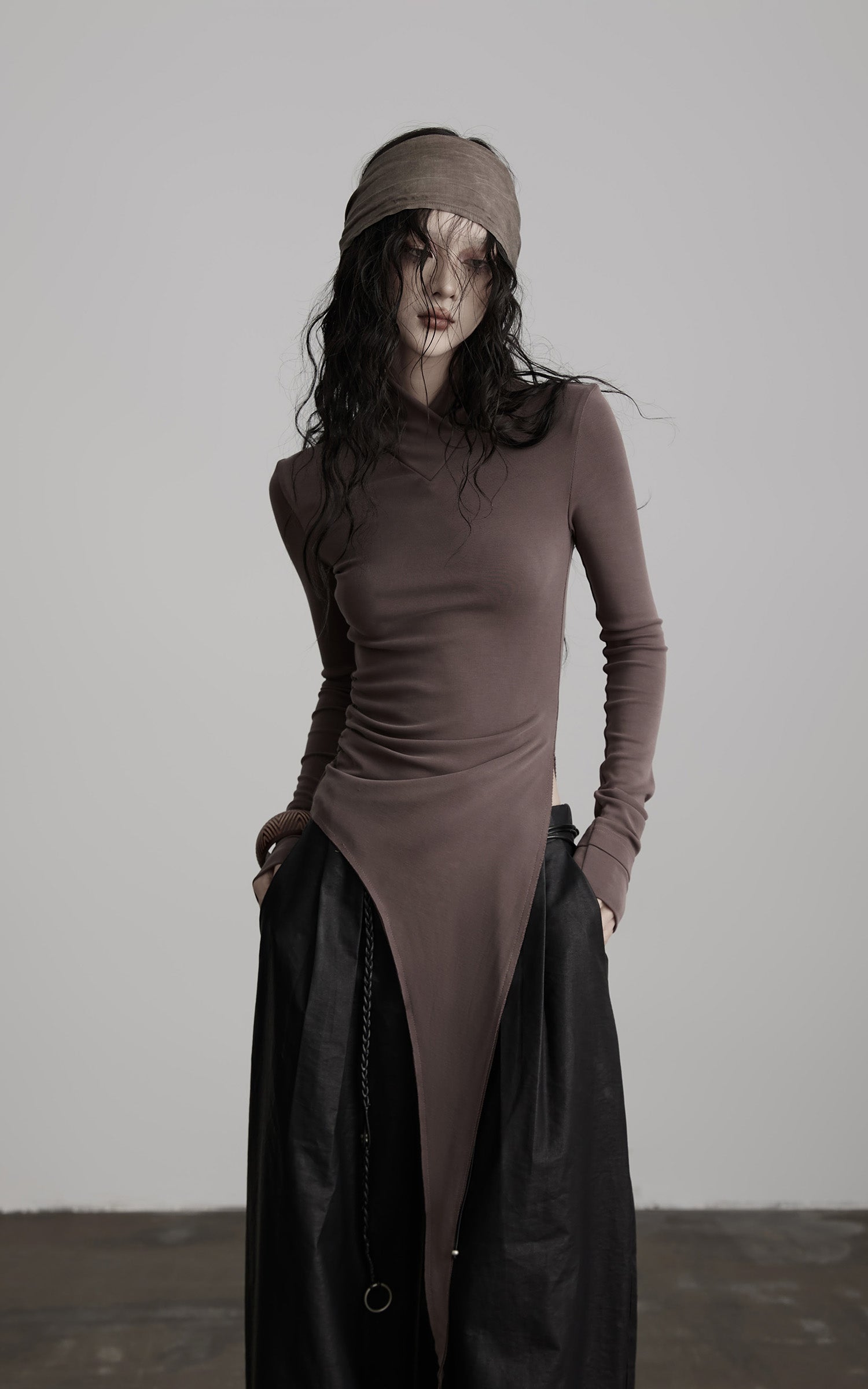 INDULGE Asymmetric Long Sleeve Top with Draped Hem
