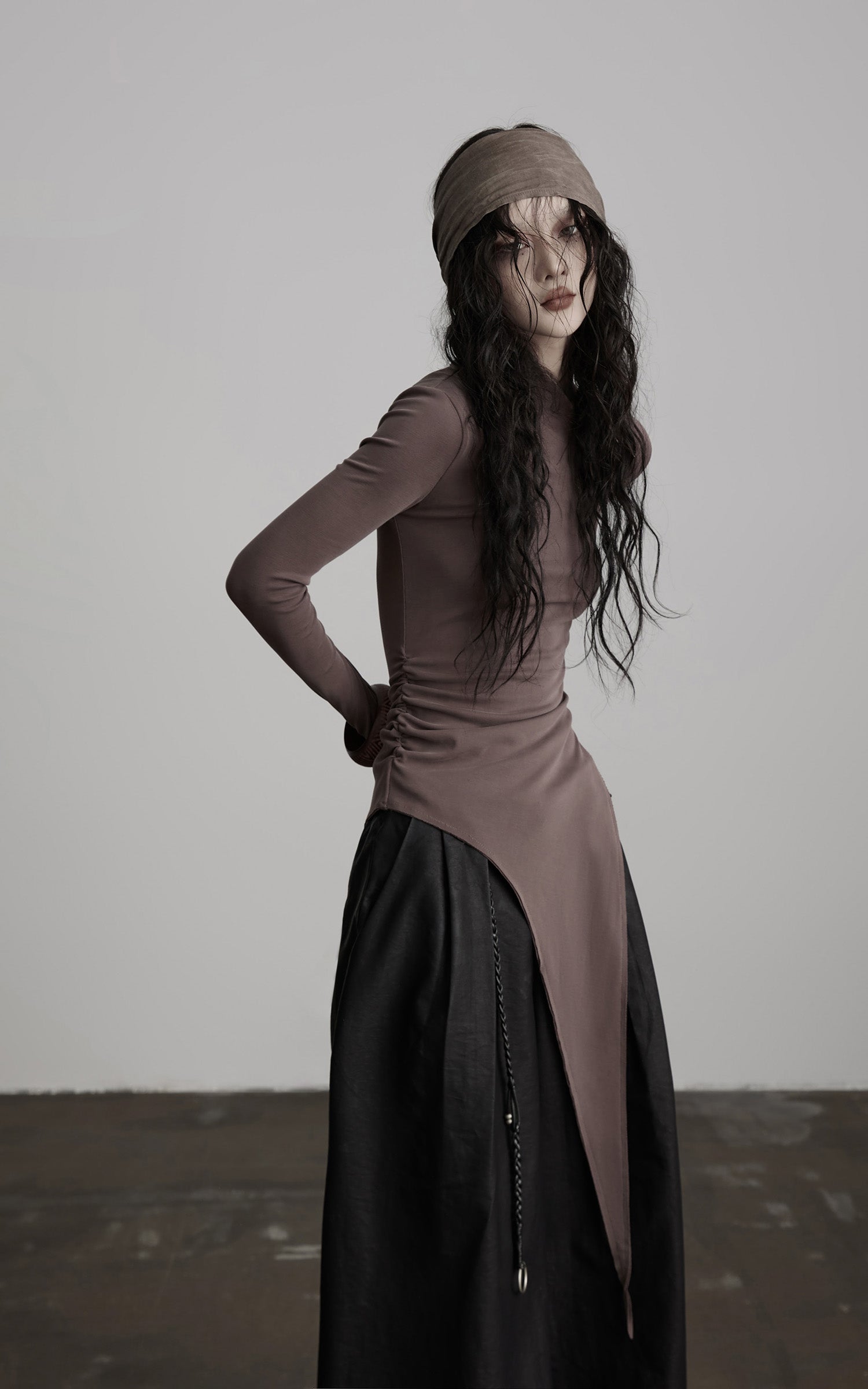 INDULGE Asymmetric Long Sleeve Top with Draped Hem