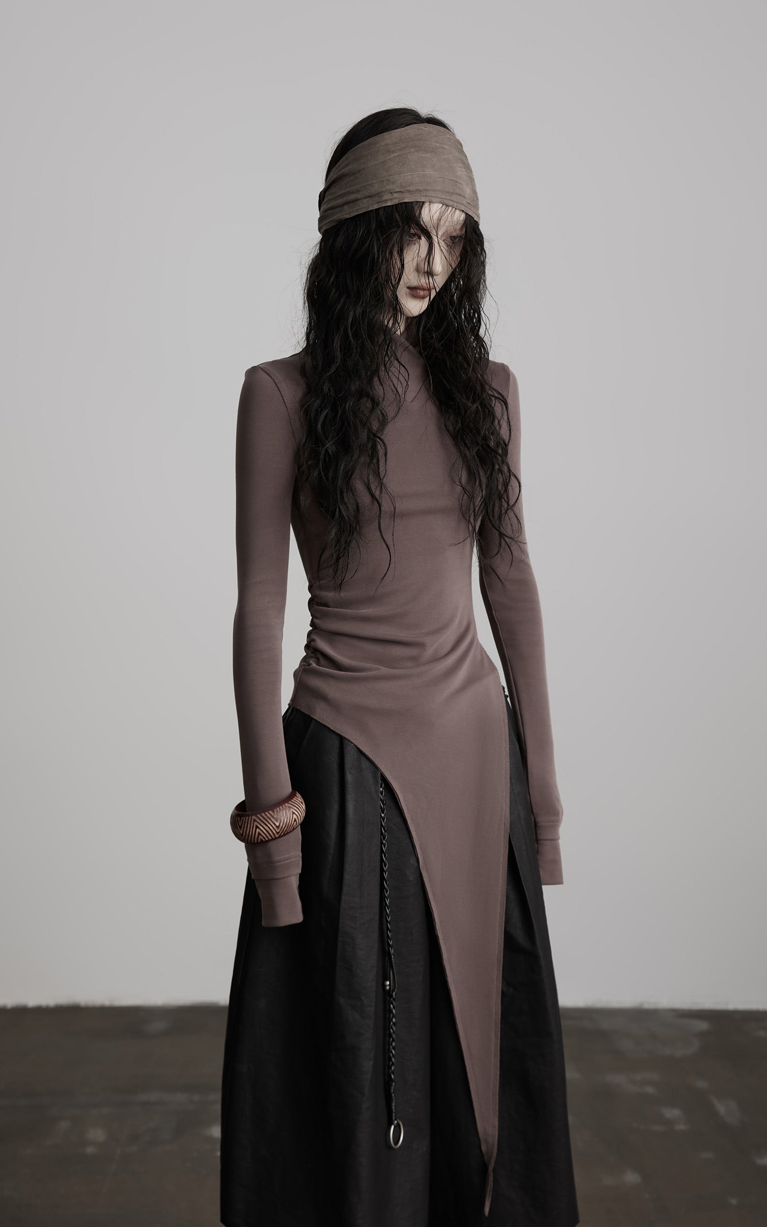 INDULGE Asymmetric Long Sleeve Top with Draped Hem