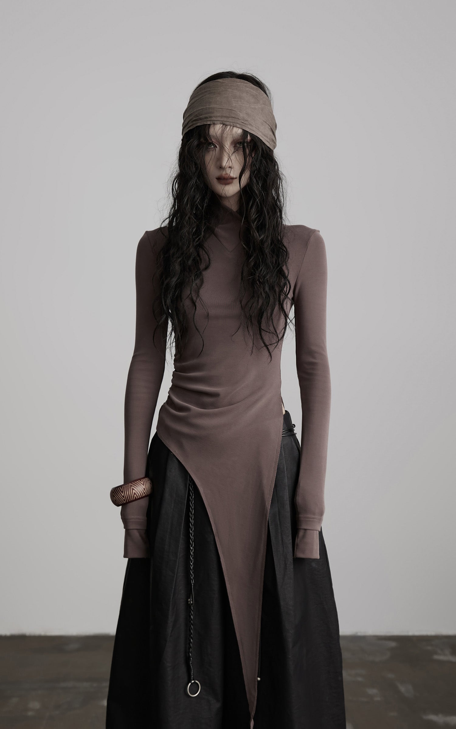 INDULGE Asymmetric Long Sleeve Top with Draped Hem