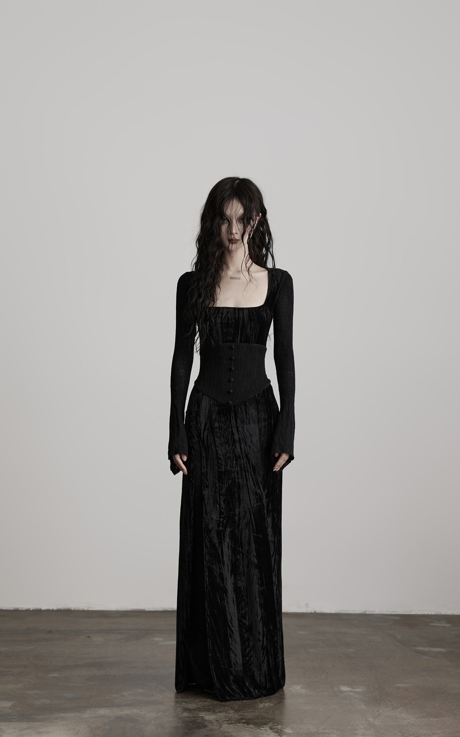 INDULGE Wool Velvet Long Dress with Corset Waist