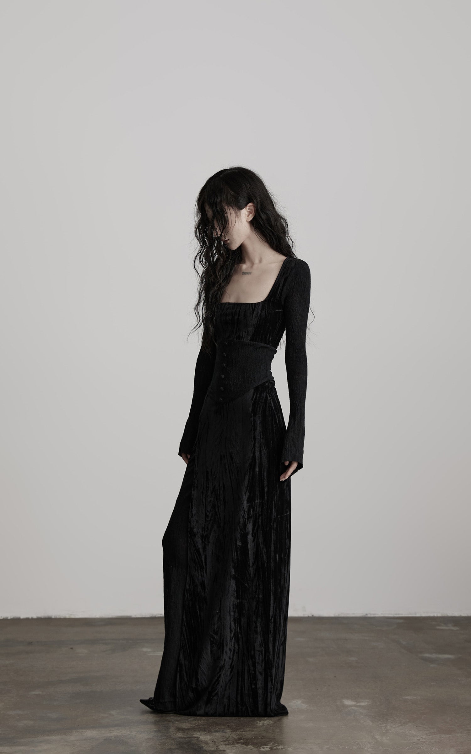 INDULGE Wool Velvet Long Dress with Corset Waist
