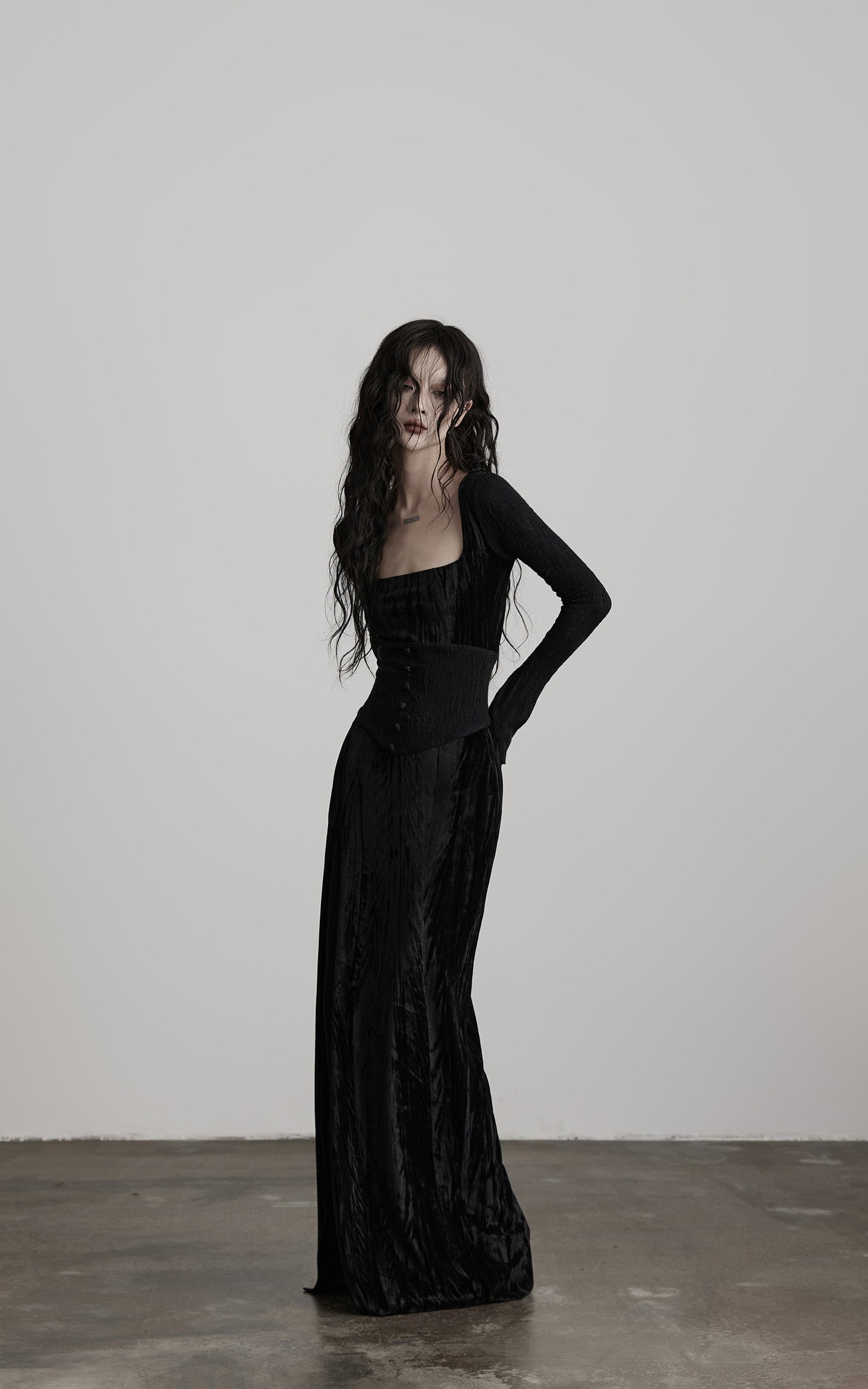 INDULGE Wool Velvet Long Dress with Corset Waist