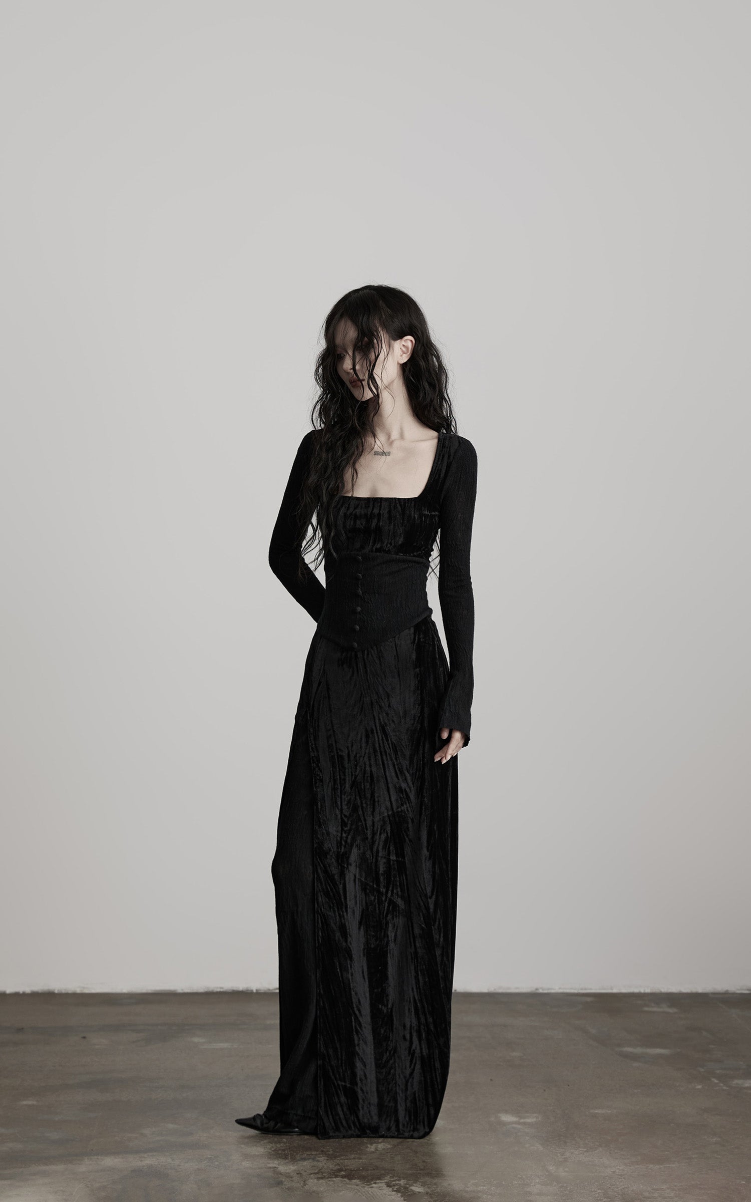 INDULGE Wool Velvet Long Dress with Corset Waist