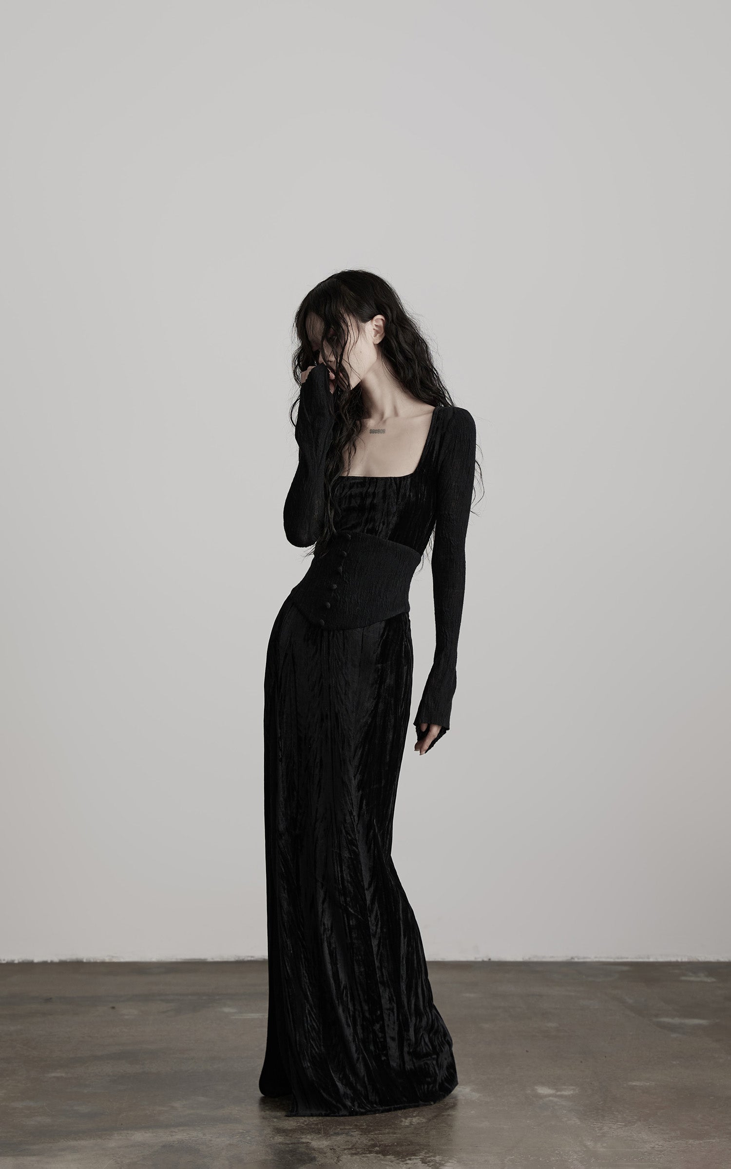 INDULGE Wool Velvet Long Dress with Corset Waist