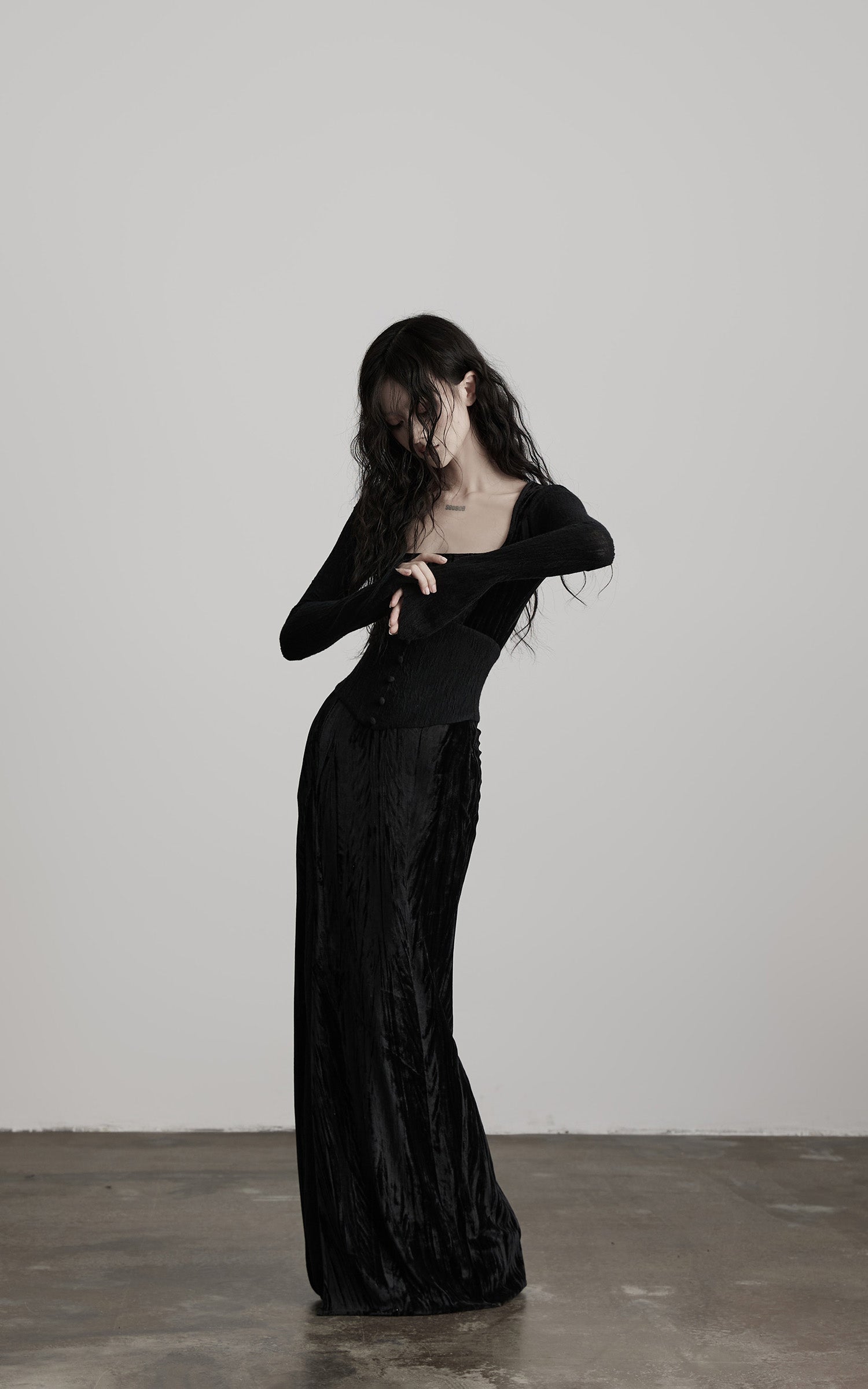 INDULGE Wool Velvet Long Dress with Corset Waist